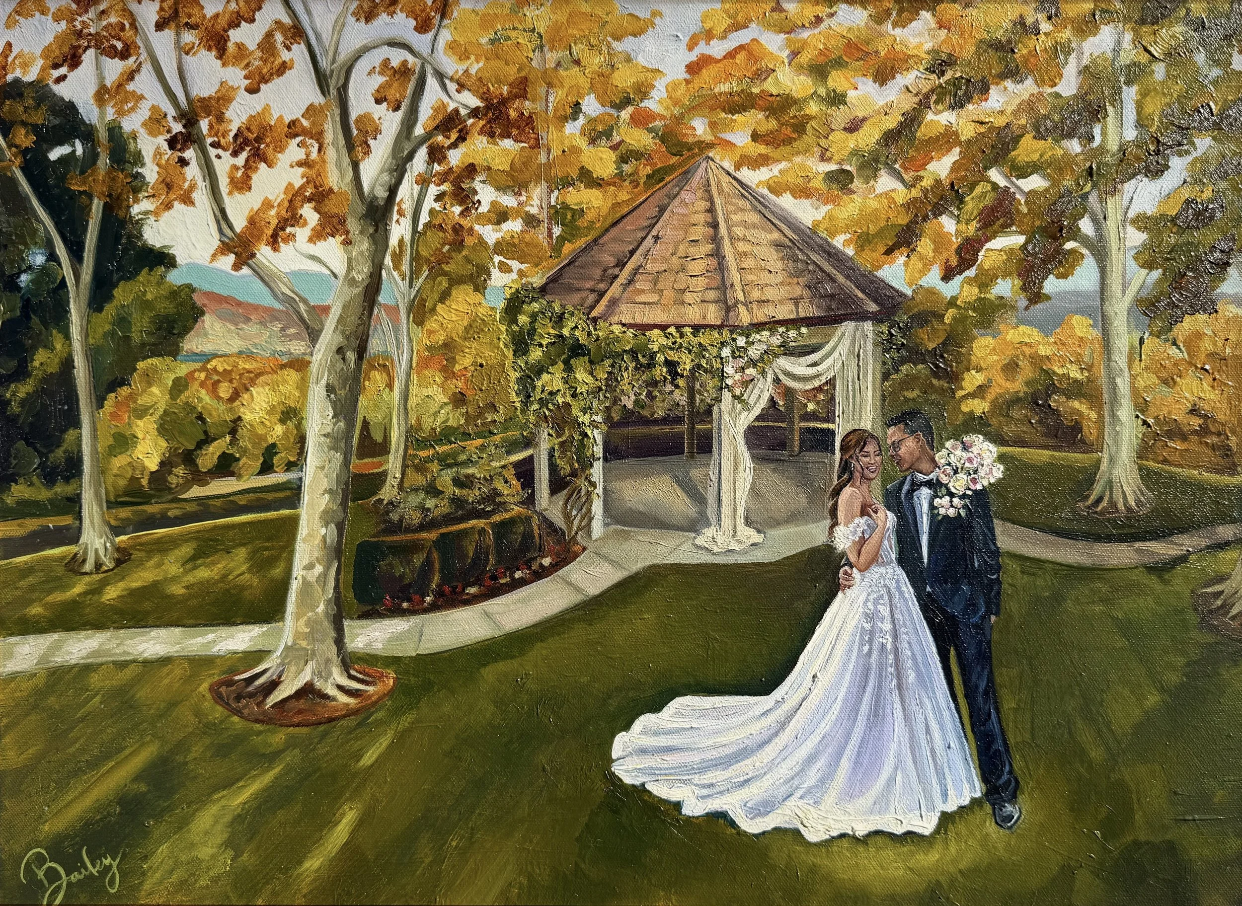 A painting of a bride and groom standing on a lawn in front of a gazebo, with trees and autumn foliage in the background. The bride wears a white wedding gown and the groom a black tuxedo, and they are holding hands, smiling at each other.