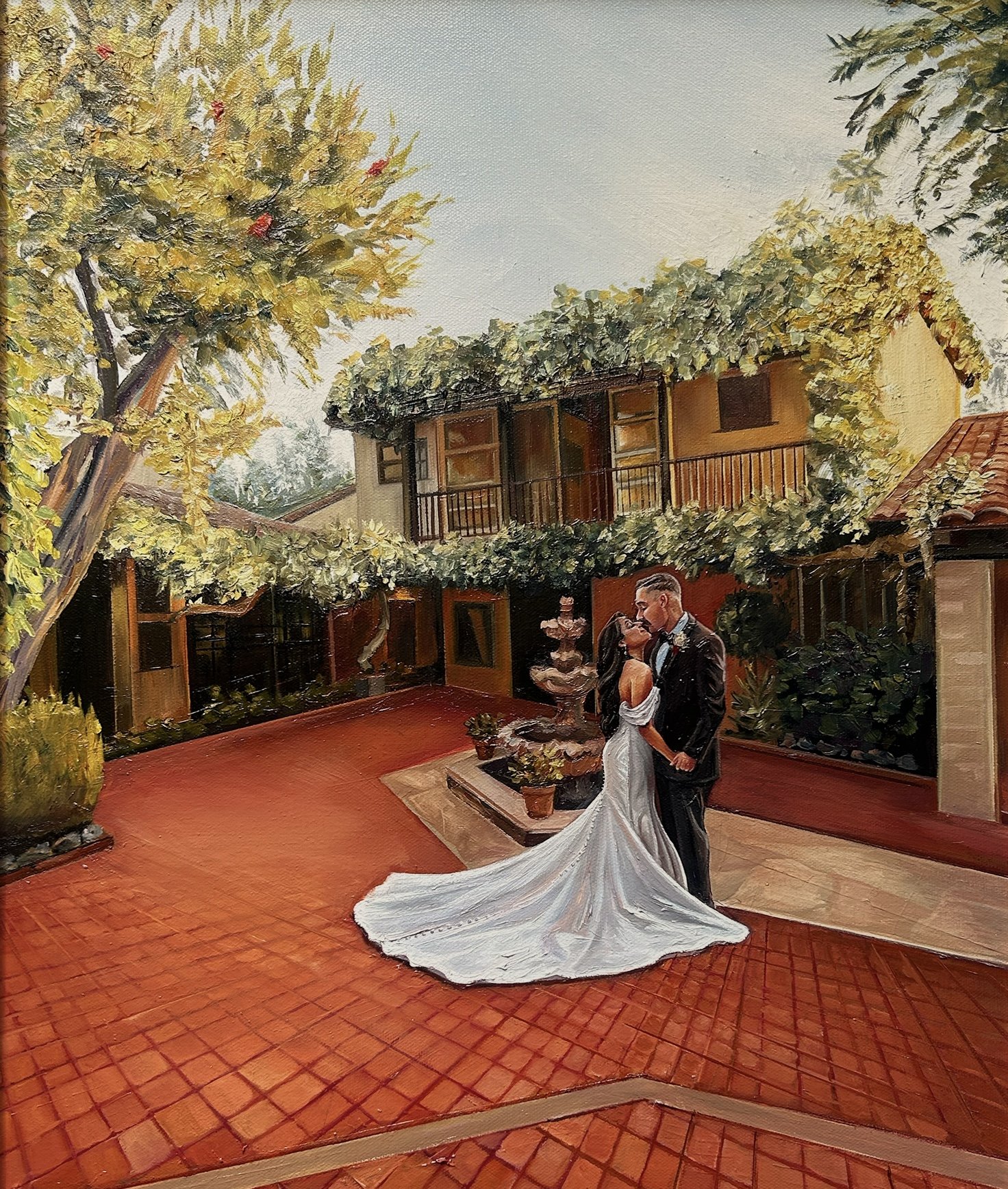 A painting of a bride and groom dancing outdoors in a courtyard surrounded by trees and a two-story building with balconies and windows.