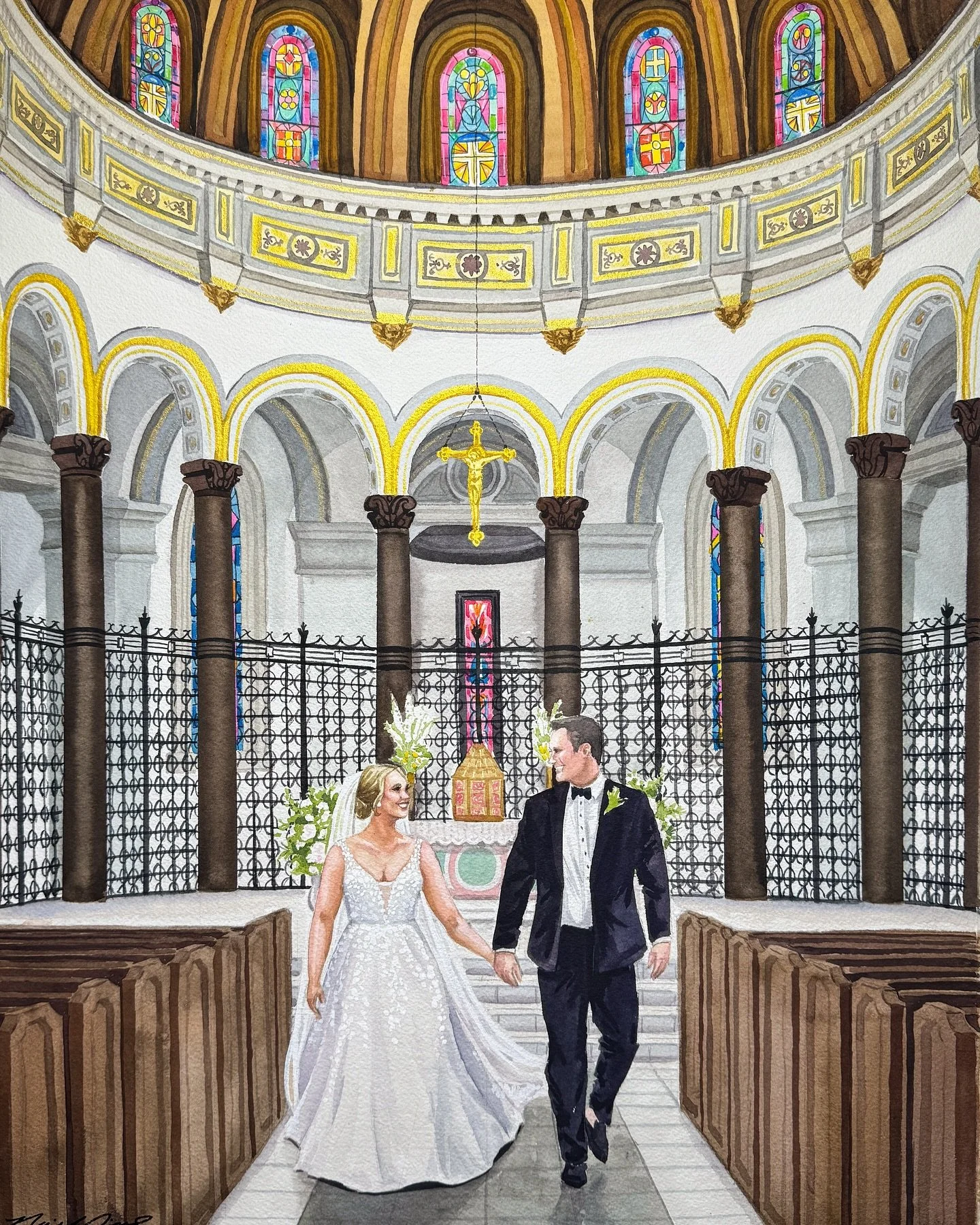 Favorite things to zoom in on: 
-their cute faces❤️
-the cross
-the stain glass windows

16x20 watercolor feat. recessional

#weddingpainting #liveweddingpainting #liveweddingpainter #cathedral #vawedding #richmondwedding