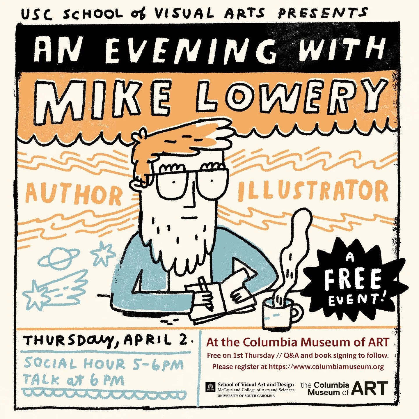 Tonight! Hey, SC folks. I'm in Columbia, SC and will be talking at this free event at the Columbia Museum of Art. (huge thanks to @zoovaldes!!) Come say hello.