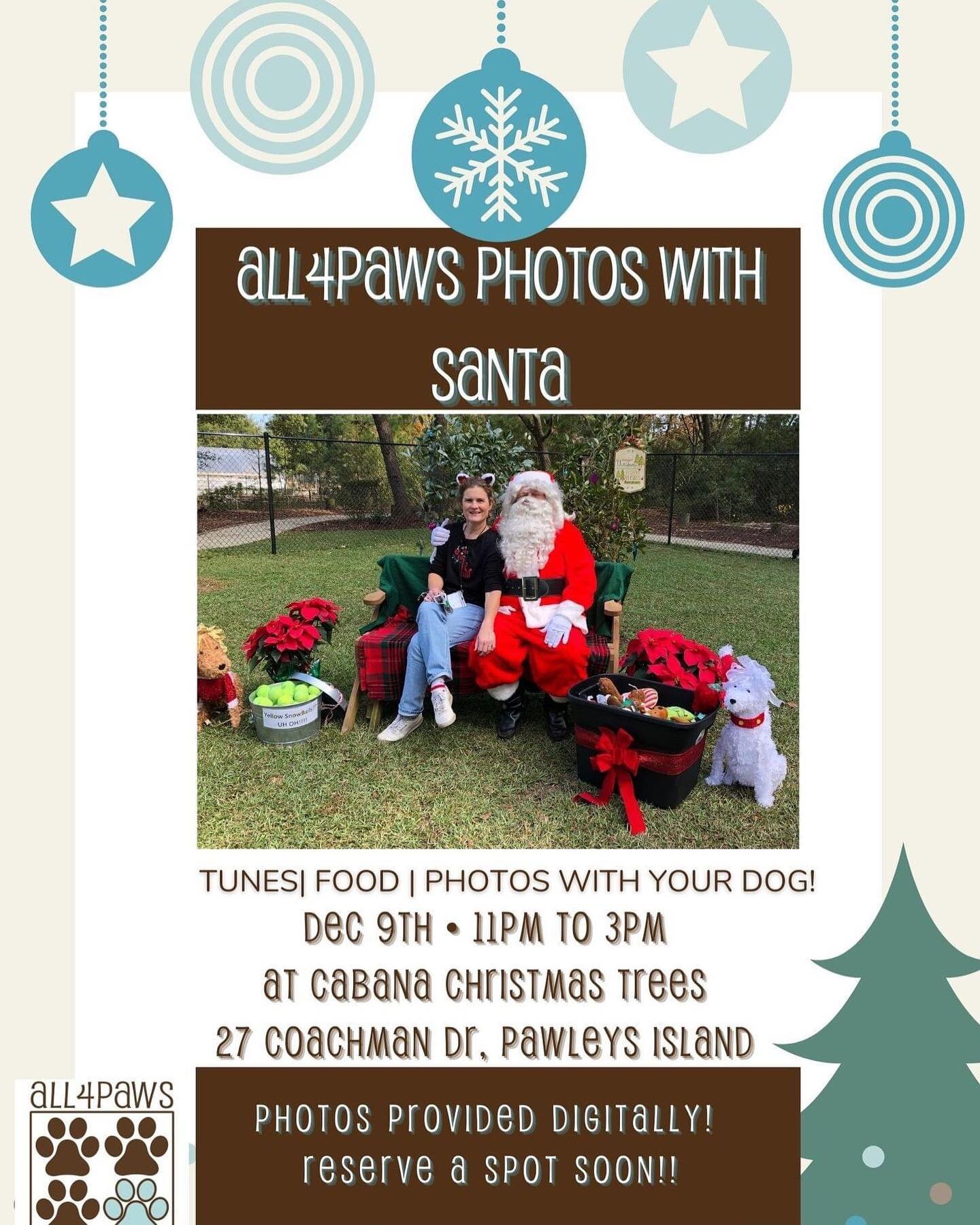 Join Cabana Christmas Trees this Saturday, December 9, 11am - 3pm, as we host All 4 Paws Animal Rescue for their annual photos with Santa fundraiser - pets and children! 
.
Going to be a great day! Come select the perfect Christmas Tree and take phot