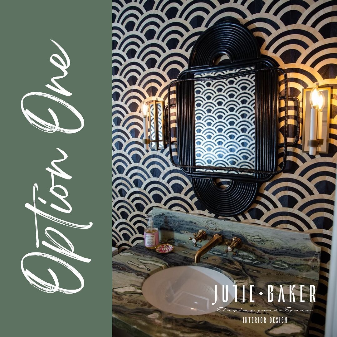 🤔 Which bathroom would you pick for your home?!

⭐️Option 1:
Arte (brand) Lucky O&rsquo;s (pattern) wood veneer marquetry wallpaper. It reminded me of waves in the water and was a perfect fit for my client's Michigan powder bath. Yes&mdash;it&rsquo;