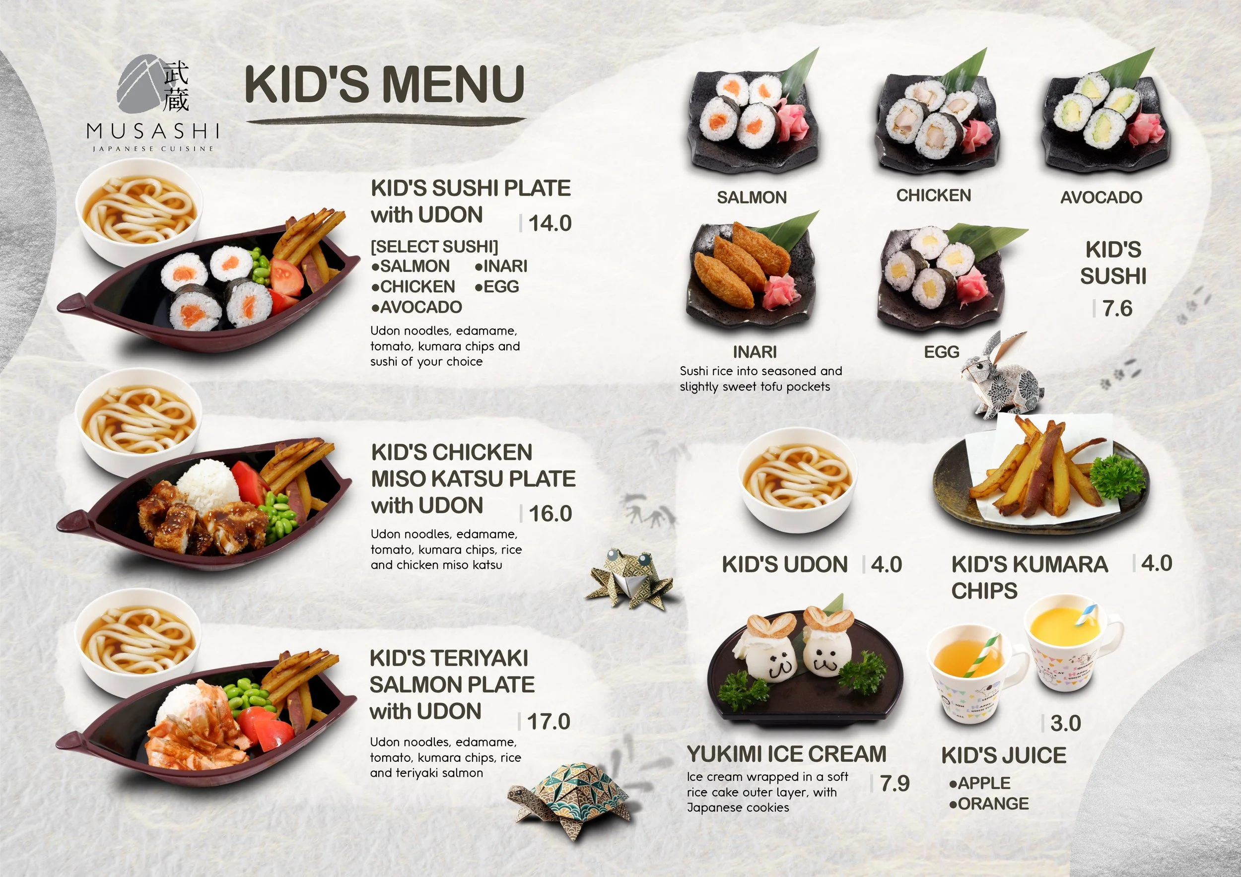 Musashi Kids'  menu with various sushi plates, udon noodles, rice, and side dishes, including salmon, chicken, avocado, eggs, and miso katsu, with prices listed. 奥克兰武藏日本料理餐厅. Musashi Japanese Restaurant, Auckland, St Heliers & Milford.
