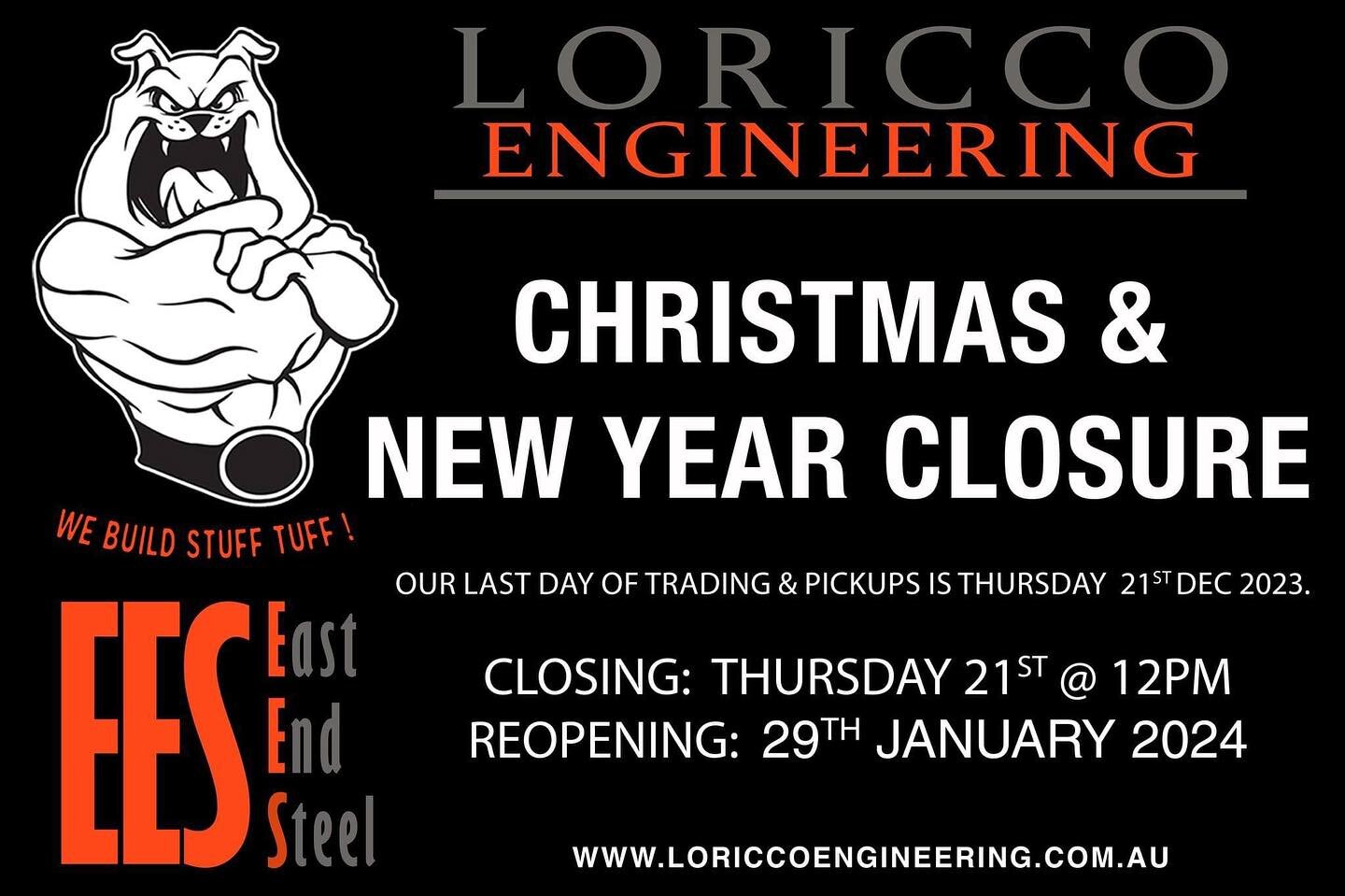 The festive season is well upon us and we are eagerly looking forward to our Christmas Holidays and New Years Break.

From everyone at LoRicco Engineering and East End Steel, we would like to wish you all a Merry Christmas and a Happy New Year.

We w