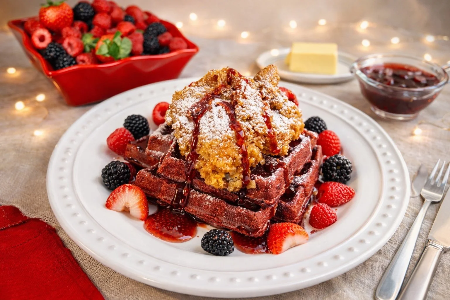 I Still Love You Brunch - Red Velvet Waffles &amp; Crispy Chicken with Spicy Maple Syrup