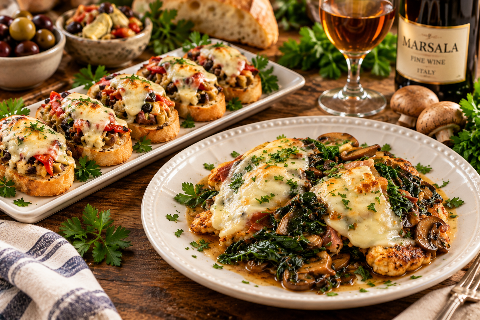 Olive Salad Bruschetta &amp; Chicken Saltimbocca
