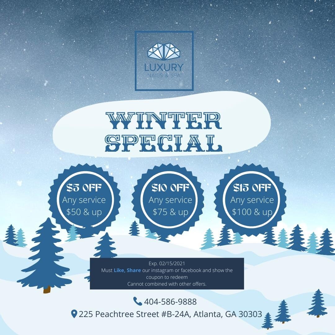 Winter special. You don&rsquo;t want to miss out. Get discount off any services by simply Liking our page, like this post, and show us this post to redeem. Limited time offer. Cannot be combine with other offers and only valid at our store. Book your