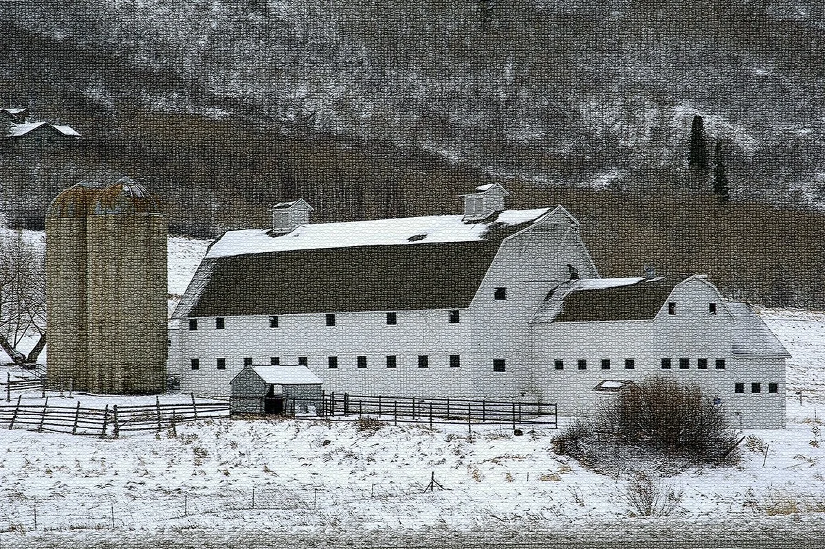 McPolin Barn / Mosaic Tile /
McPolin Farm — Park City, Utah  
Park City’s iconic white barn reimagined as a mosaic of countless small tiles—a familiar piece of local history transformed into something unexpected.
Limited Edition • Signed & Numbered.