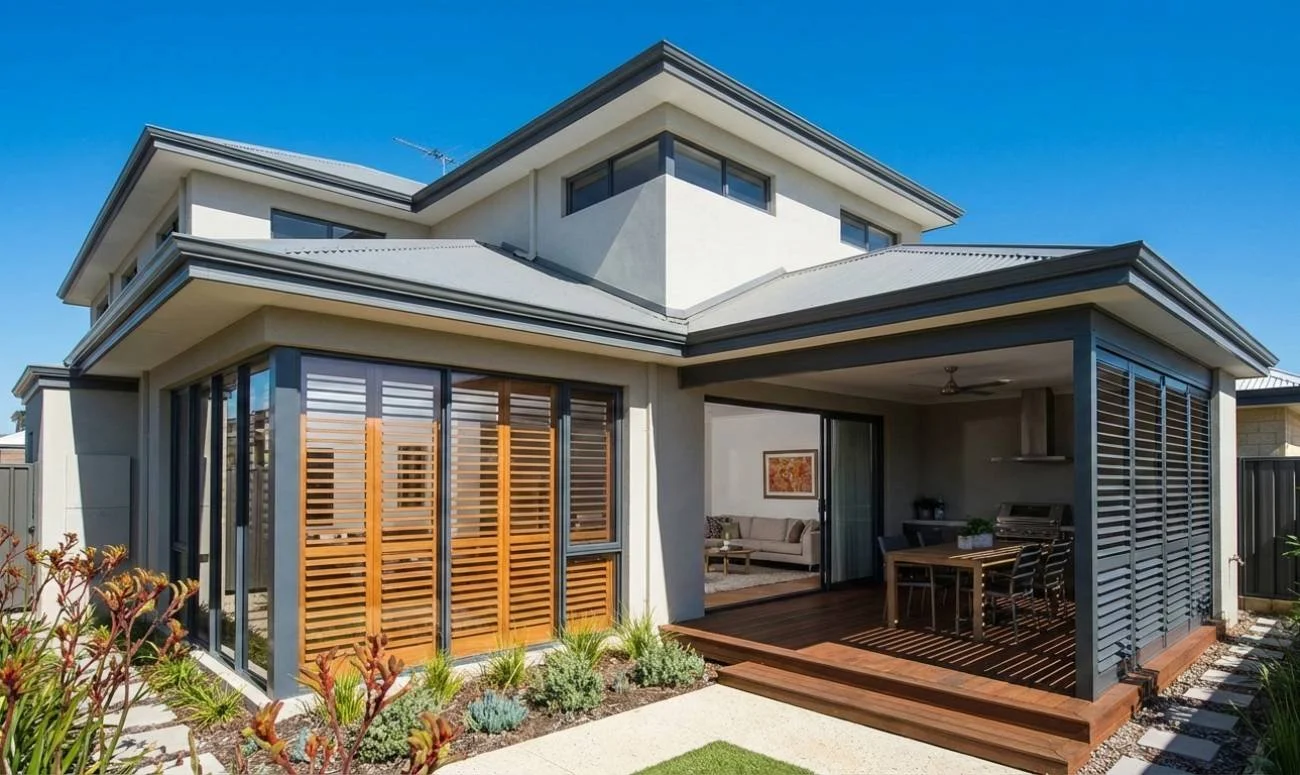 Comparison of interior and exterior plantation shutters installed on a modern Perth home.