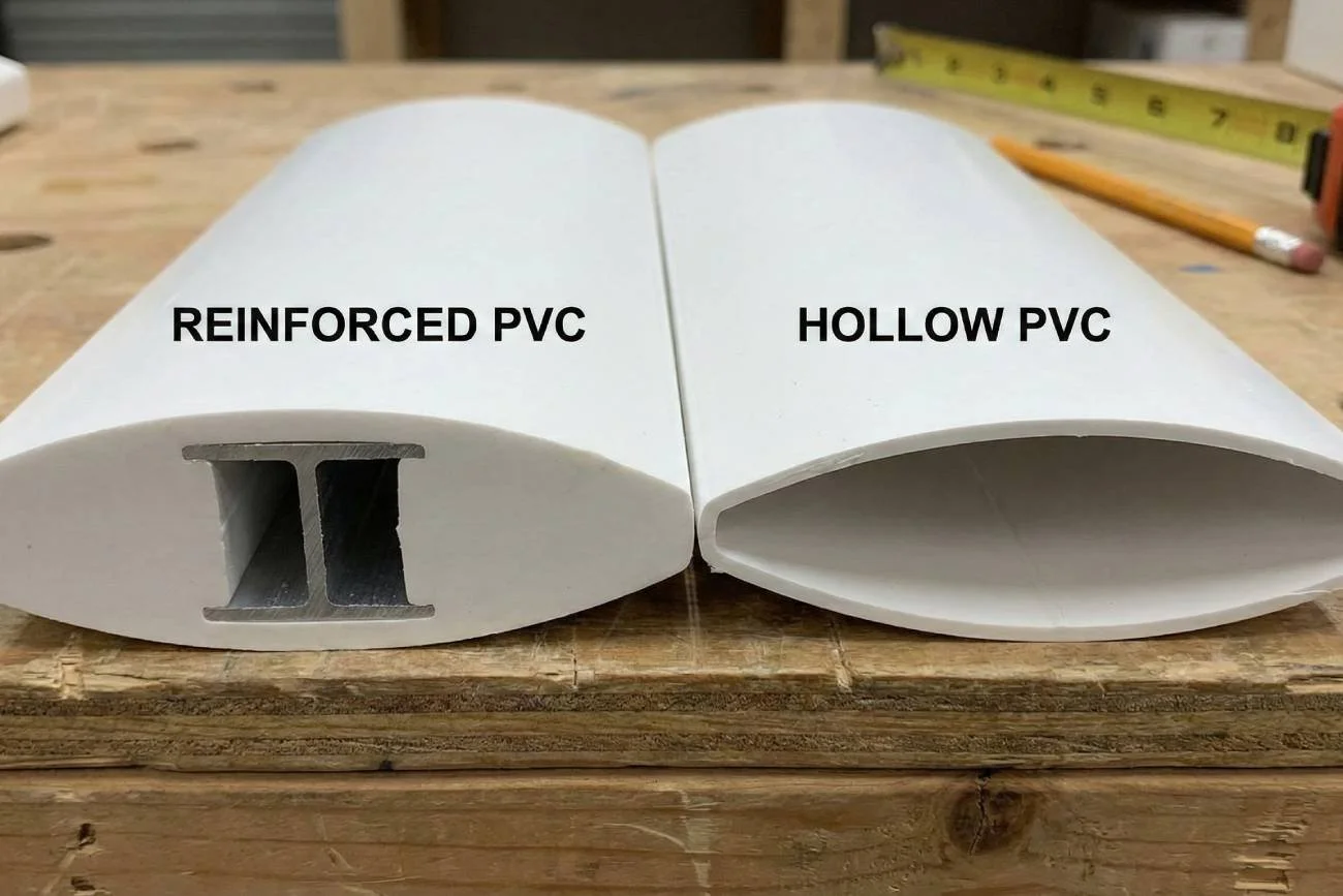 A cross-section of a PVC shutter showing the internal aluminium reinforcing rib vs. a cheap hollow PVC louver.