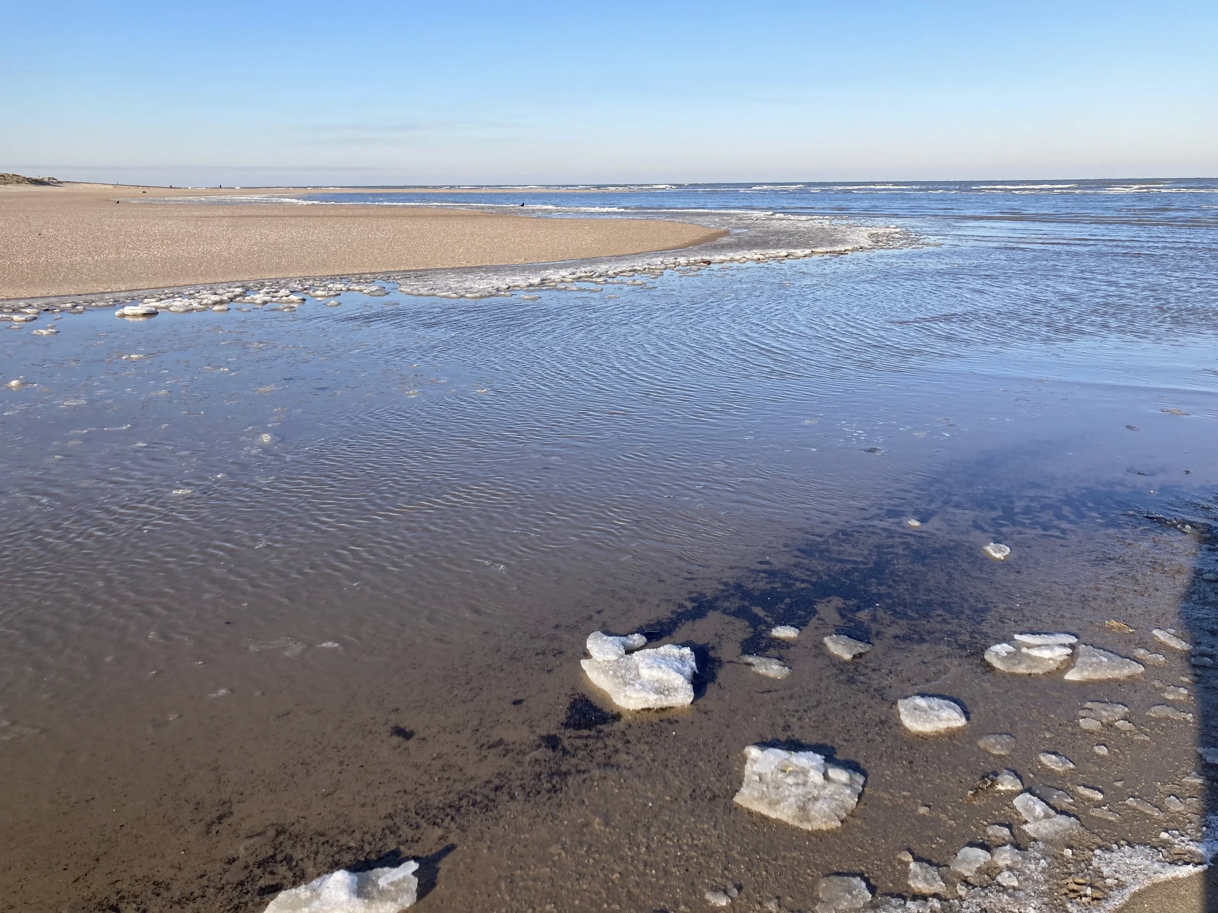 Een strand met zand, kalm water en ijsblokjes op het zand en in het water, onder een heldere blauwe lucht.