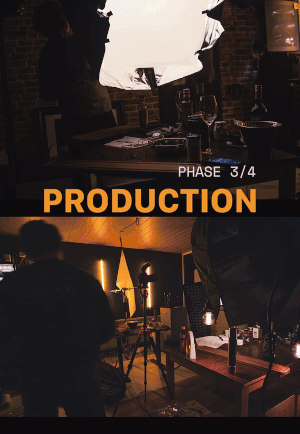 Zwei Bilder zeigen eine Produktionsszene mit Kameras, Beleuchtungsausrüstung und einem gedeckten Tisch. Im oberen Bild sind Scheinwerfer und ein Monitor zu sehen, während im unteren Bild Kameras auf Stativen aufgestellt sind. Text: "PHASE 3/4 PRODUCTION".