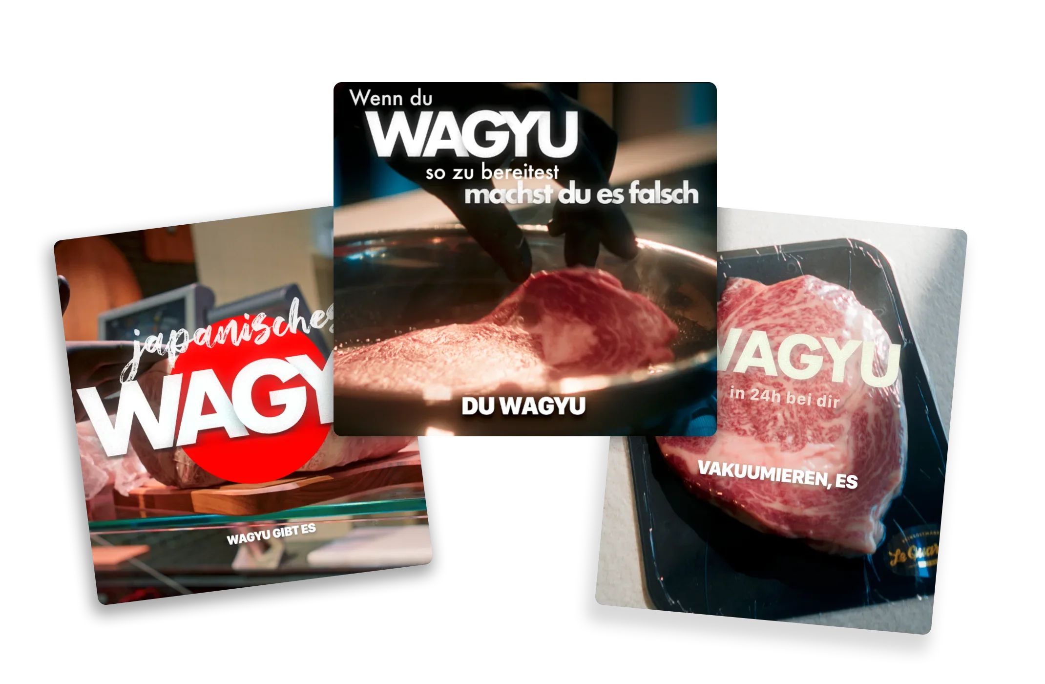 Mehrere Verpackungen von Wagyu-Fleisch mit deutschen Texten und Bildern, die das Fleisch roh zeigen, inklusive Slogans über das Vakuumieren und die Frische des Wagyu-Fleisches.