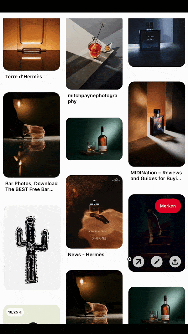 Collage von Fotos und Anzeigen, darunter Flaschen von Terre d’Hermès, Bleu de Chanel und andere Getränkepräsentationen.