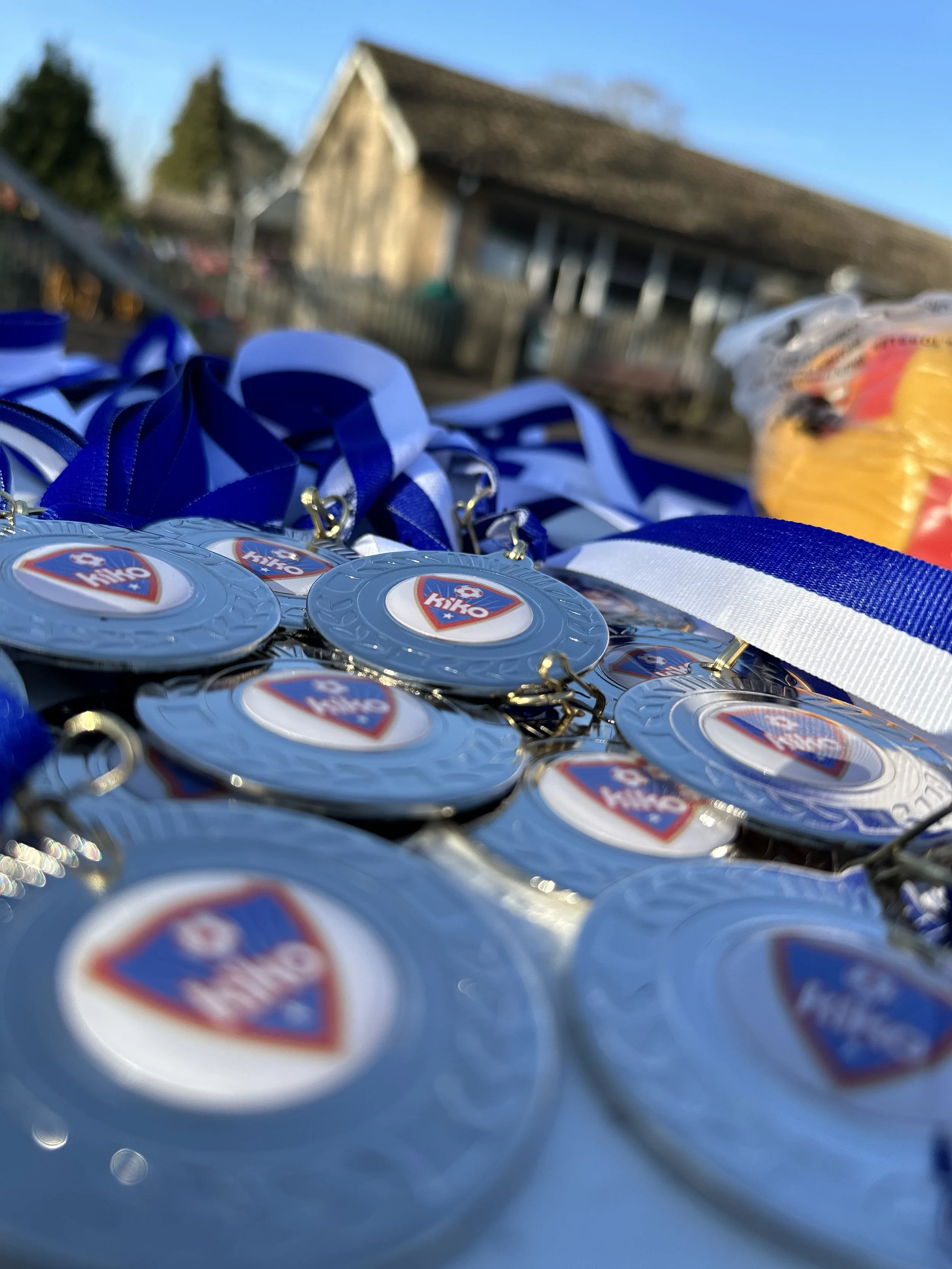 A pile of medals with blue and white ribbons featuring a logo with a red and blue shield and the words 'HIKO' on them, outdoors on a table with a rural house and trees in the background.