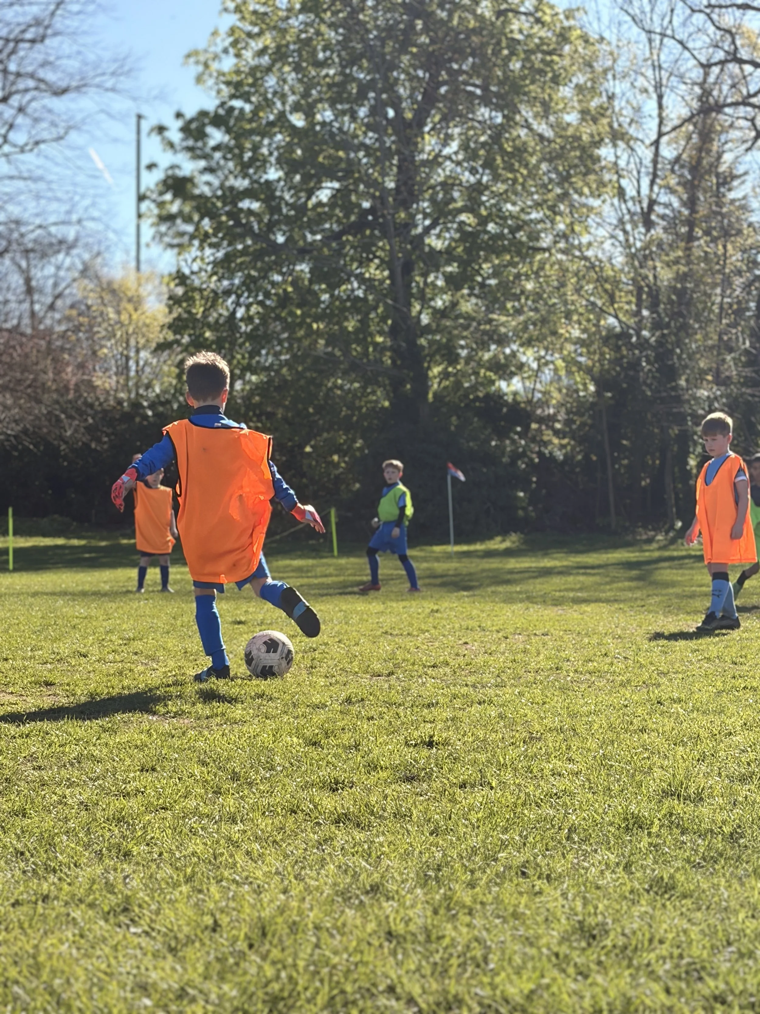 Kids playing soccer outdoors on a grassy field with soccer balls and training cones, cheering and celebrating.