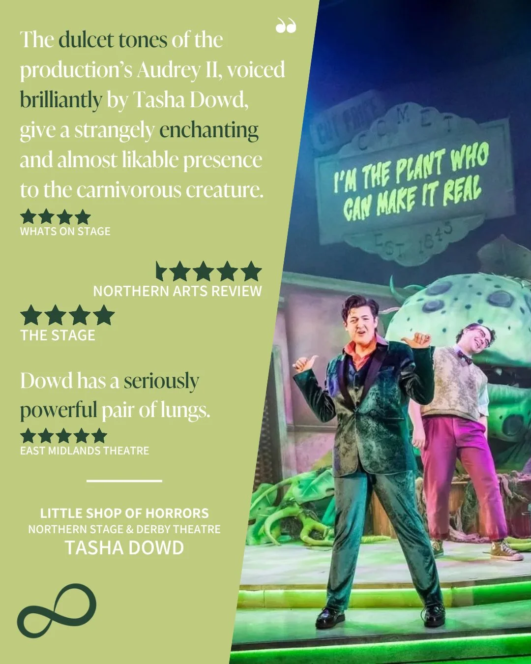 Check out these fantastic reviews for our fabulous Tasha Dowd (@tashadmusouk ) staring as the voice of Audrey II in Little Shop of Horrors 🩸🪴⁠
⁠
Catch the show at Derby Theatre (@derbytheatre ) until 20 Jun 📆