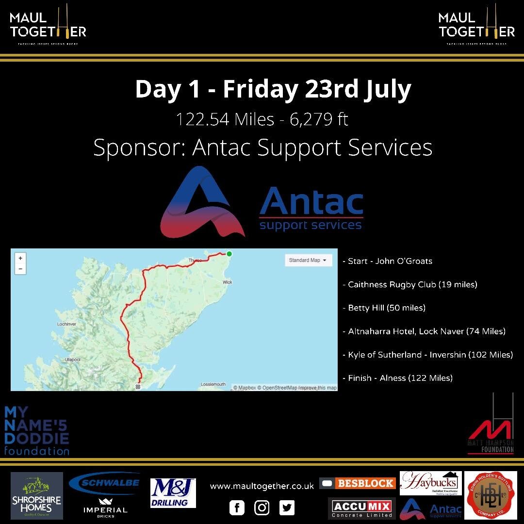 Here we go! Day 1 of John O&rsquo;Groats to Lands End is finally here! Day 1 sponsored by @antacsupportservices . This is our route today! Wish us luck 🍀🚵🖤
Please help us raise as much money as possible for these great causes @myname5doddie &amp; 