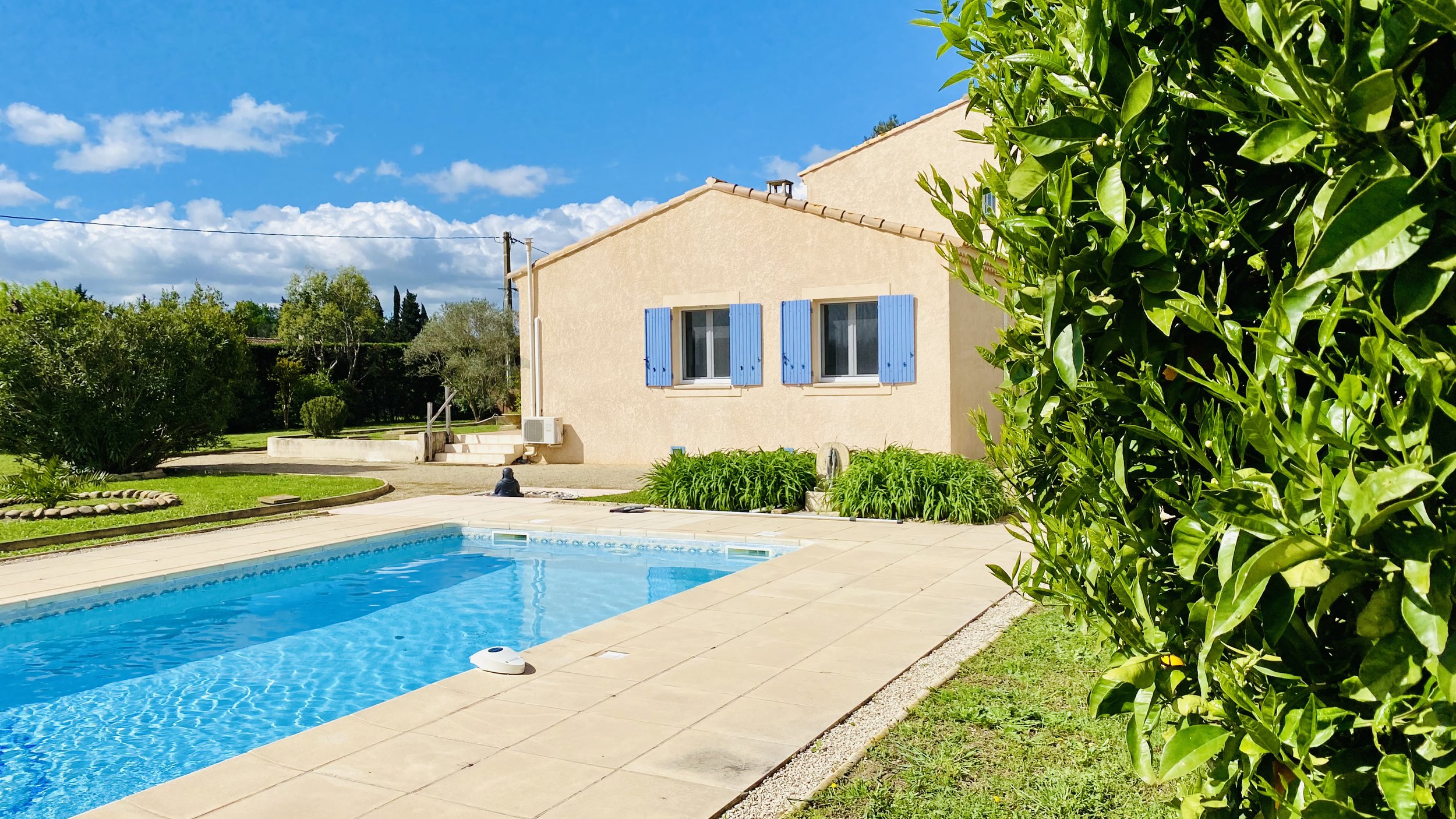 Private swimming pool surrounded by garden and blue shutter villa at Villa Magali Arles