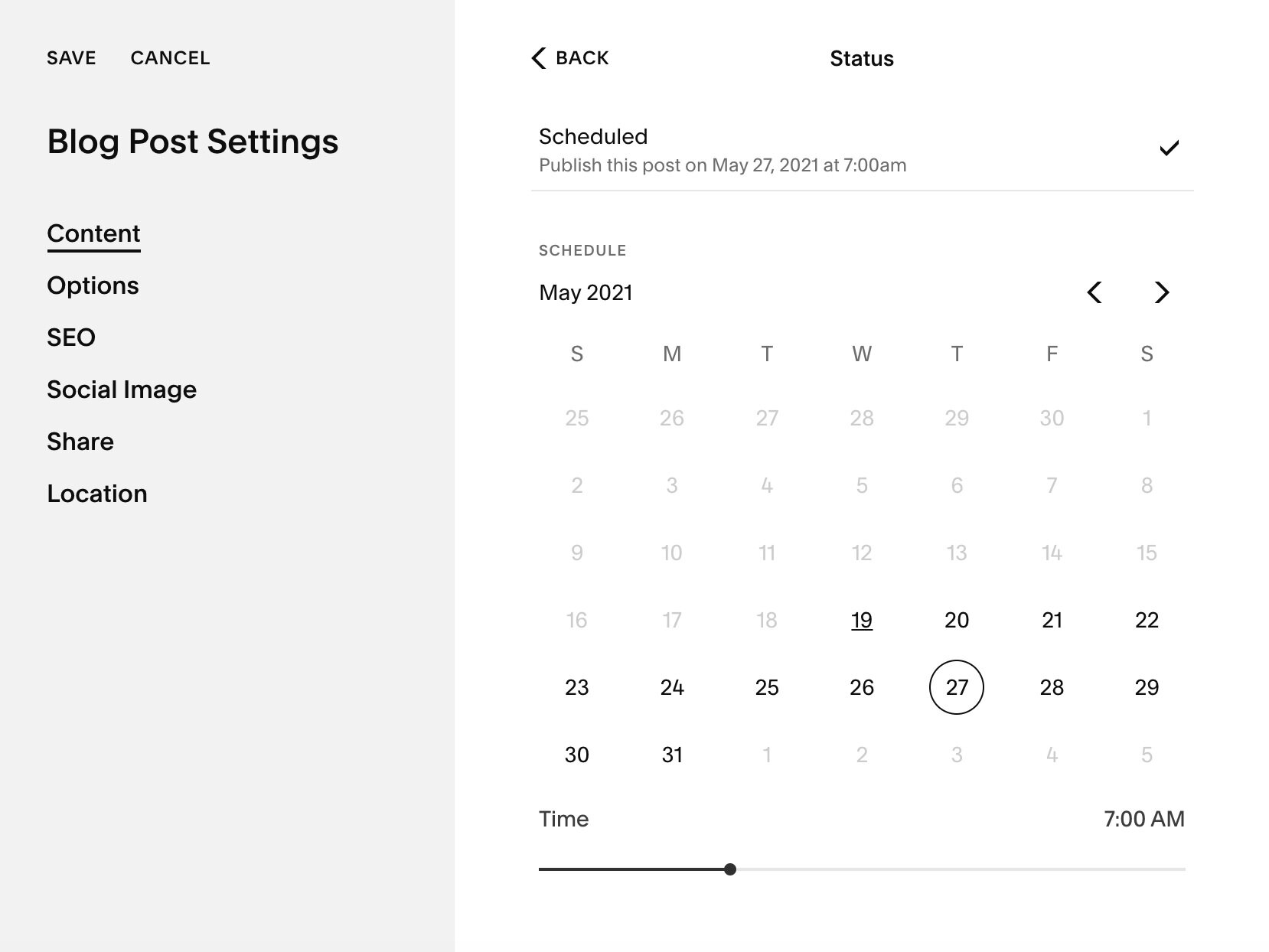Here's where to go in Squarespace to schedule a blog post.