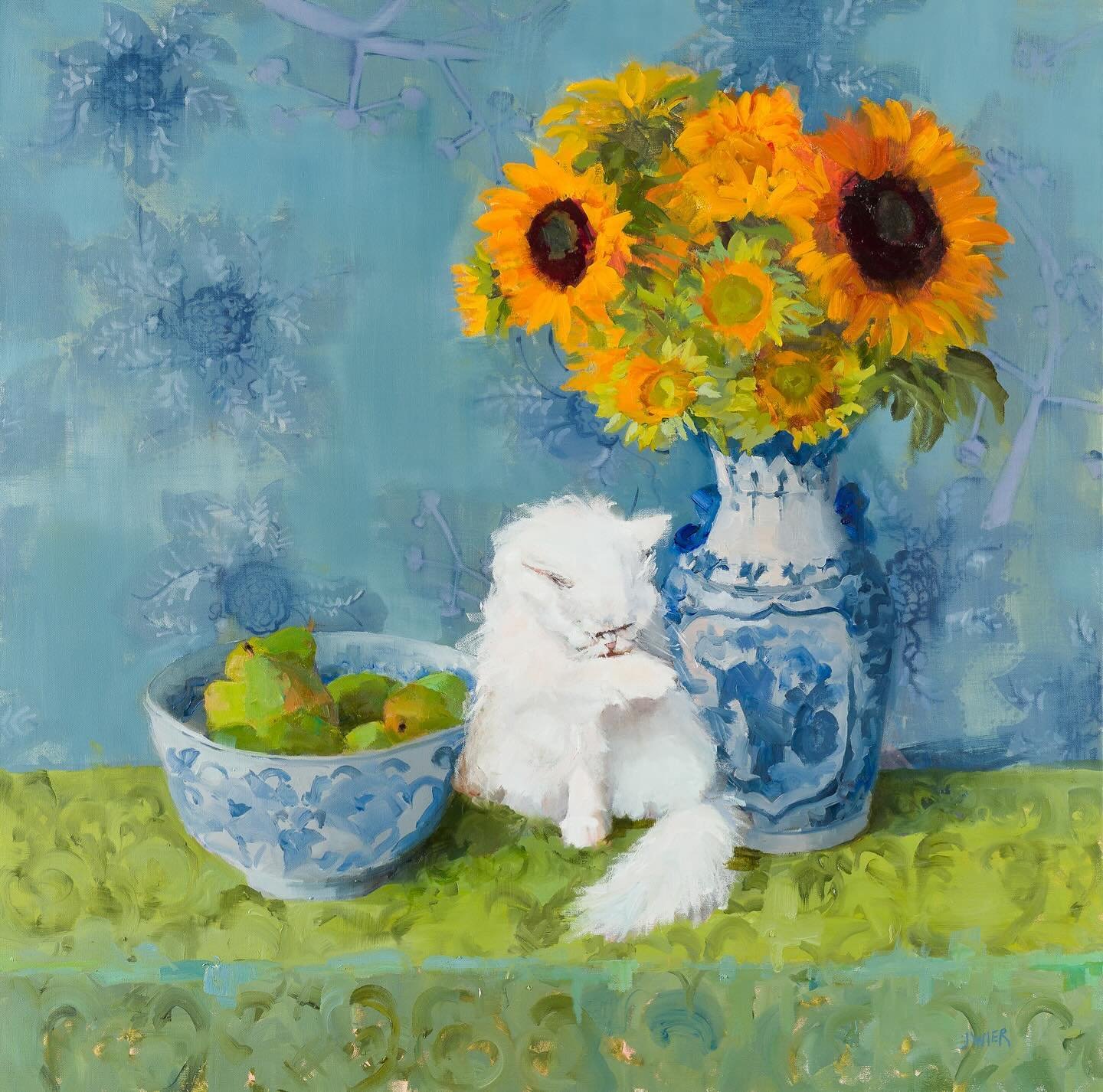 🌻☀️🌻 Happy Solar Eclipse Day!  Seems like a good day to share all things sunny.

&ldquo;Purrrfect Pearing&rdquo;, 40&rdquo; x 40&rdquo; is available at the beautiful @nemacolin resort.  I&rsquo;m happy to share any details about this piece.  Though