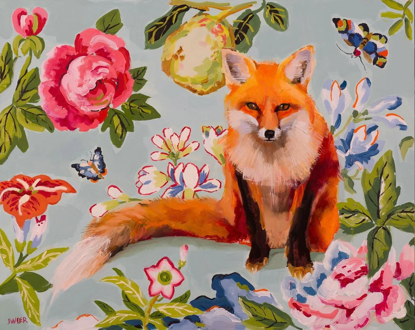 🩵🦊🩵 &ldquo;Felicity Mae Fox&rdquo;. Prefers a garden setting and gets what she wants.  New painting AVAILABLE @gallery222malvern.

She is framed in a deep and luxe vintage frame I had painted a soft white.  Will share image in stories.  Framed siz