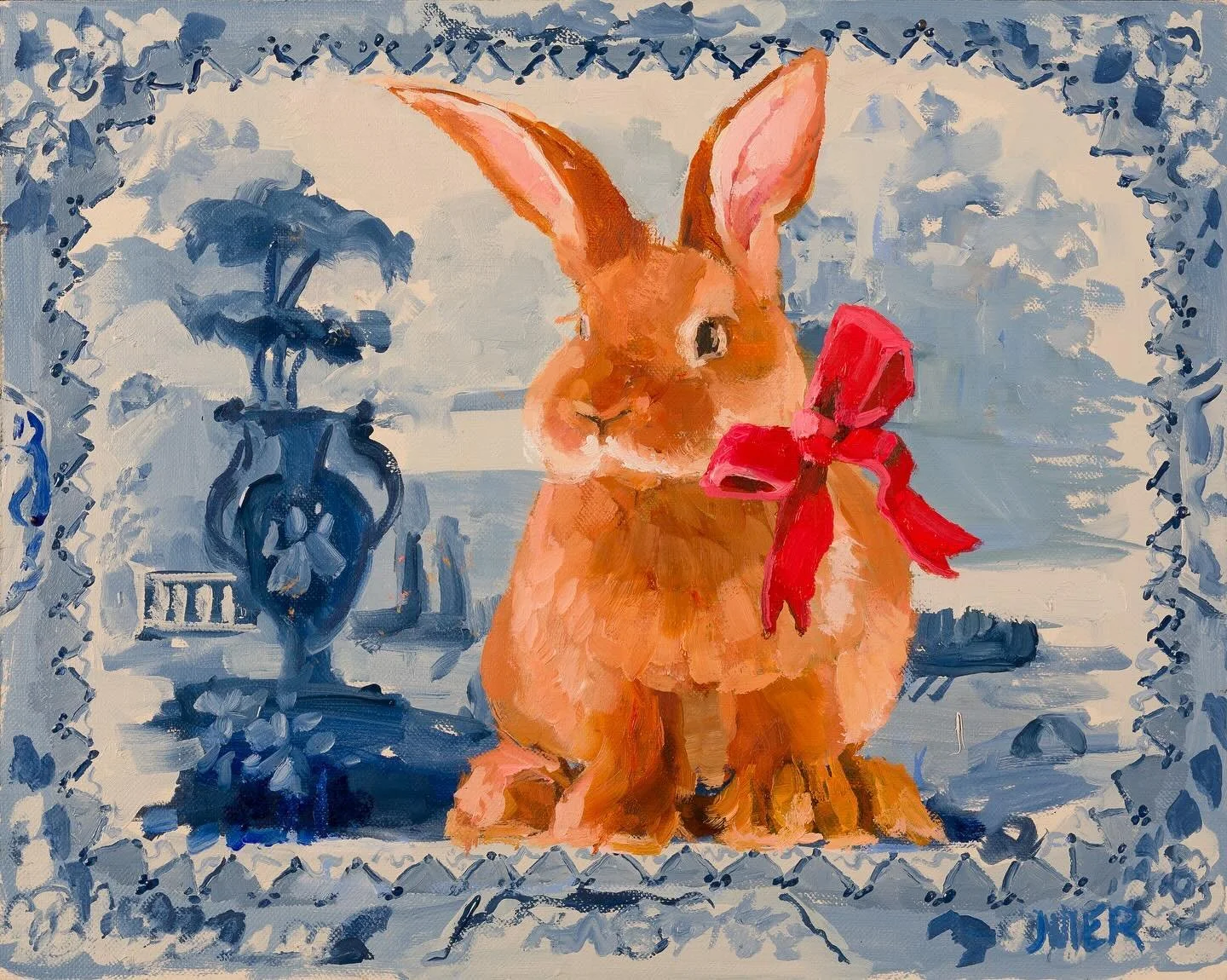 💙🐇💙 &ldquo;Kipton&rdquo; 🔴 SOLD @gallery222malvern.  Kipton is part of my series of paintings where I&rsquo;m playing with adding an animal into a scene from a transferware dish.  This one clearly very chinoiserie which is always a favorite among