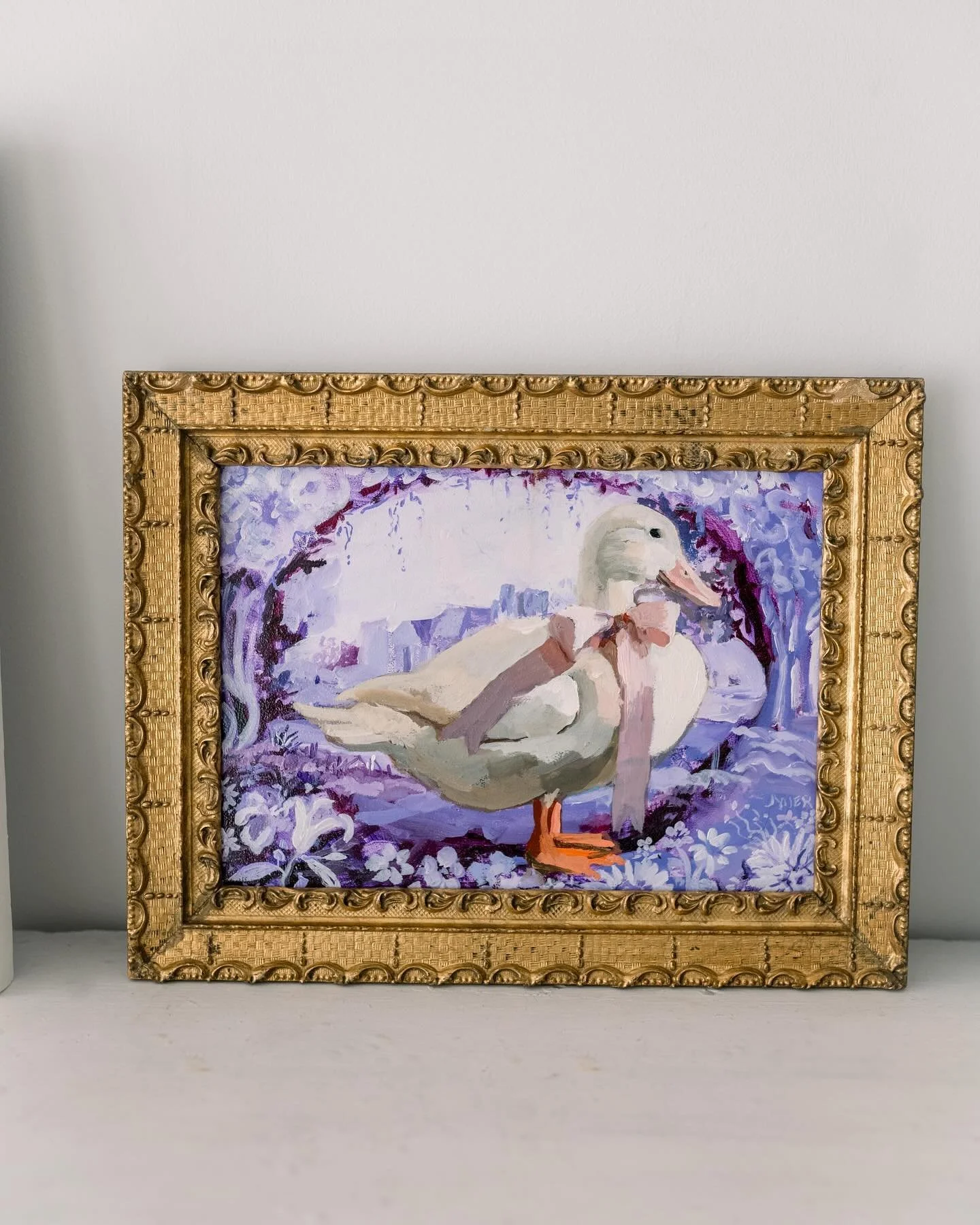 💜🤍💟🪿💟🤍💜&rdquo;Louisa Leaned into the Lavender Landscape&rdquo;. AVAILABLE @gallery222malvern .  All dimensions and pricing and shopping available on their website.  Shipping- yes can do!

I love this gold leaf vintage frame.  So delicate and i
