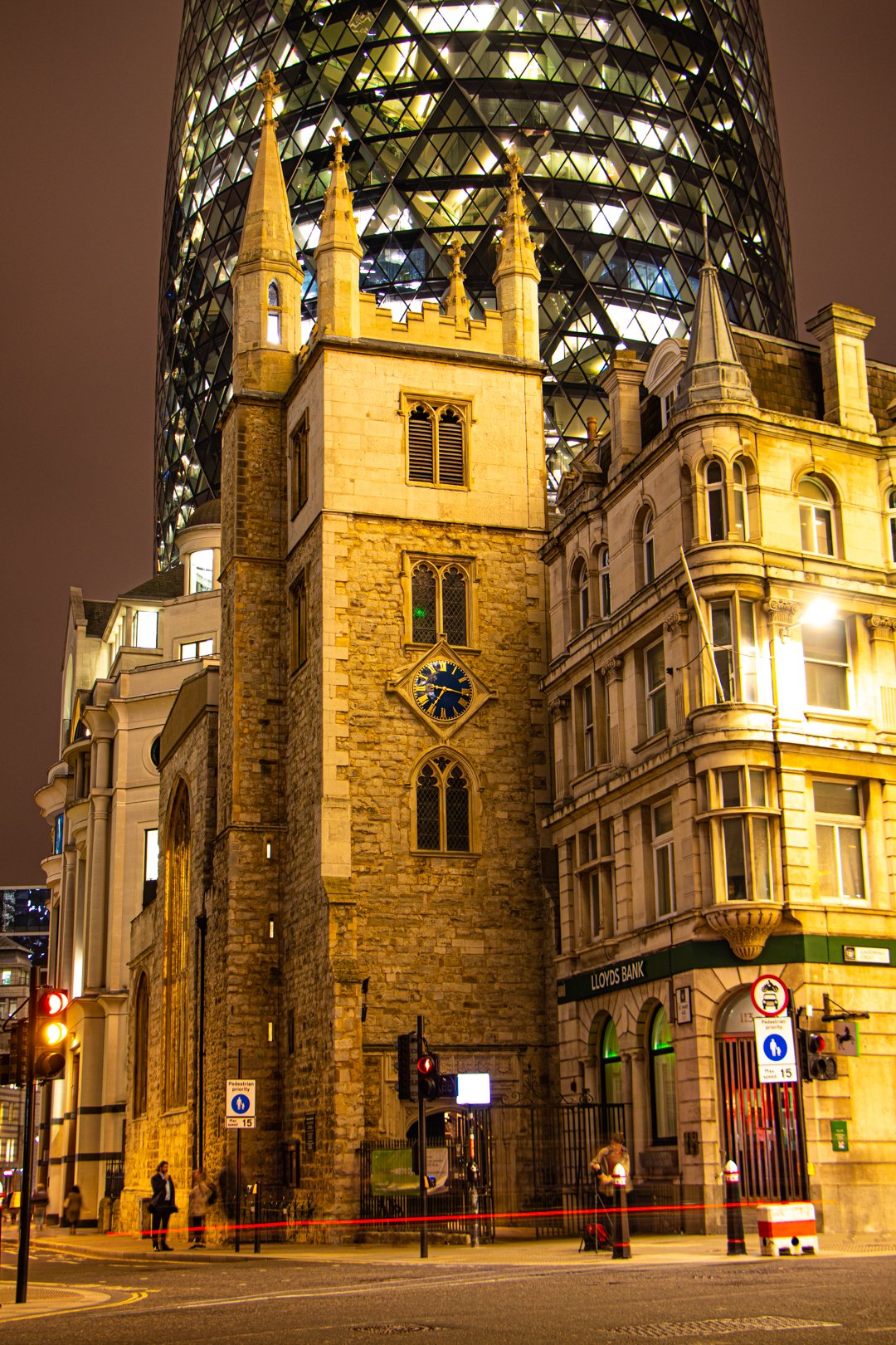 15th Century St Andrew Undershaft Church in St Mary Axe survived the Fire of London and the Blitz, now swamped by The Gherkin at 30 St Mary Axe.jpg