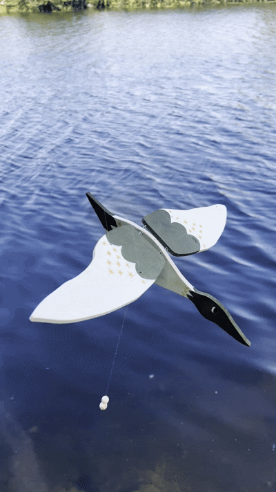 A large paper or cardboard flying bird with outstretched wings hanging over a body of water, tethered by a string with white weights, with trees visible in the background.