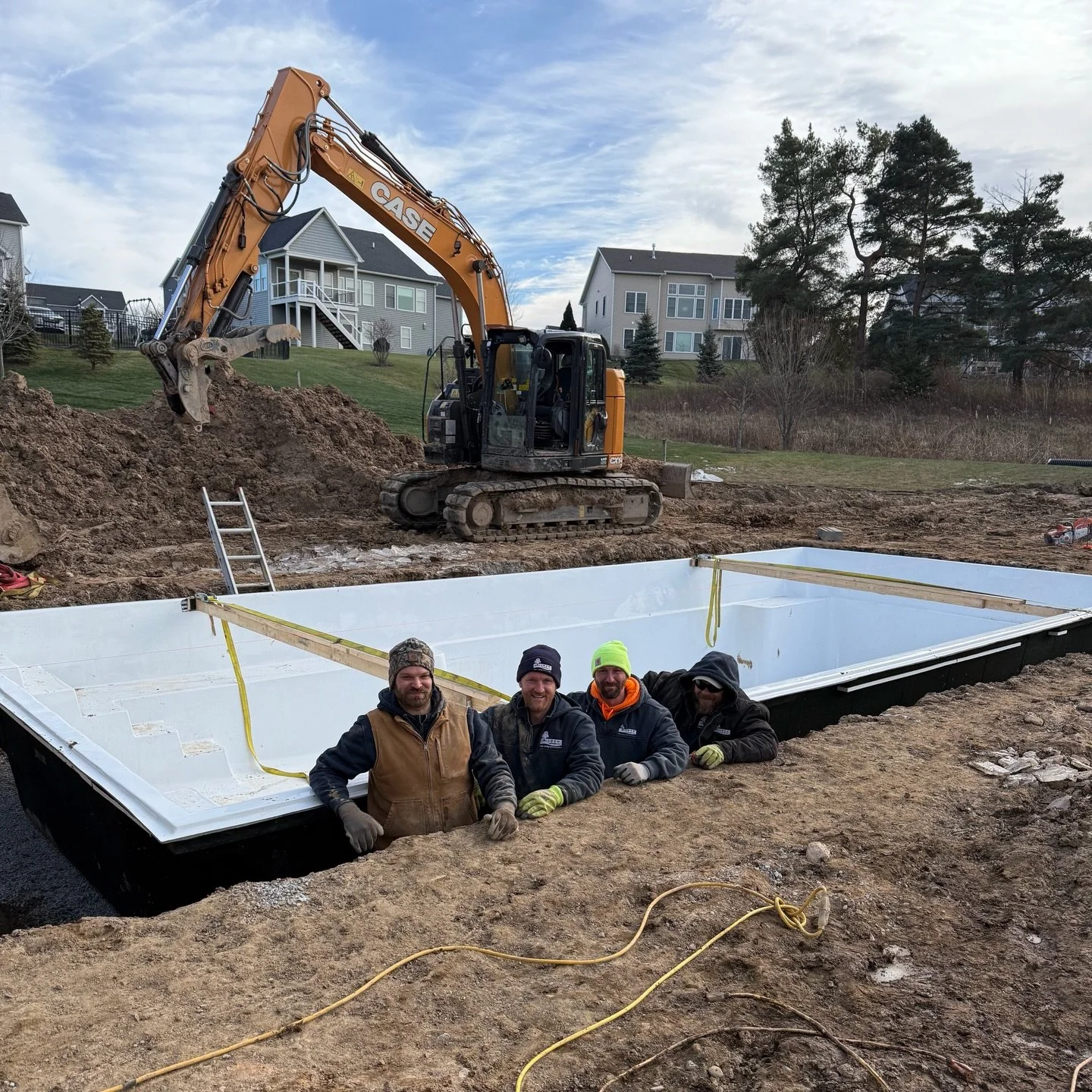 Pool is in! Great job by our winter install crew. We&rsquo;re excited to finish up this outdoor living spaces designed for family time, entertaining, and everyday life. 

#makecominghomeavacation #fiberglasspools