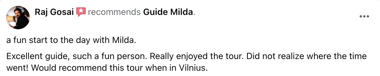 Screenshot of a social media review praising a guide named Milda for a tour in Vilnius, Lithuania. The reviewer appreciates the guide's personality and the enjoyable experience.