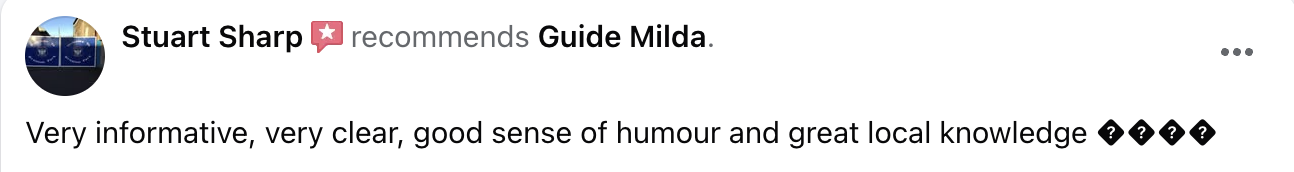 Screenshot of a social media post recommending the book 'Guide Milda,' mentioning it is very informative, clear, humorous, and showcases great local knowledge.