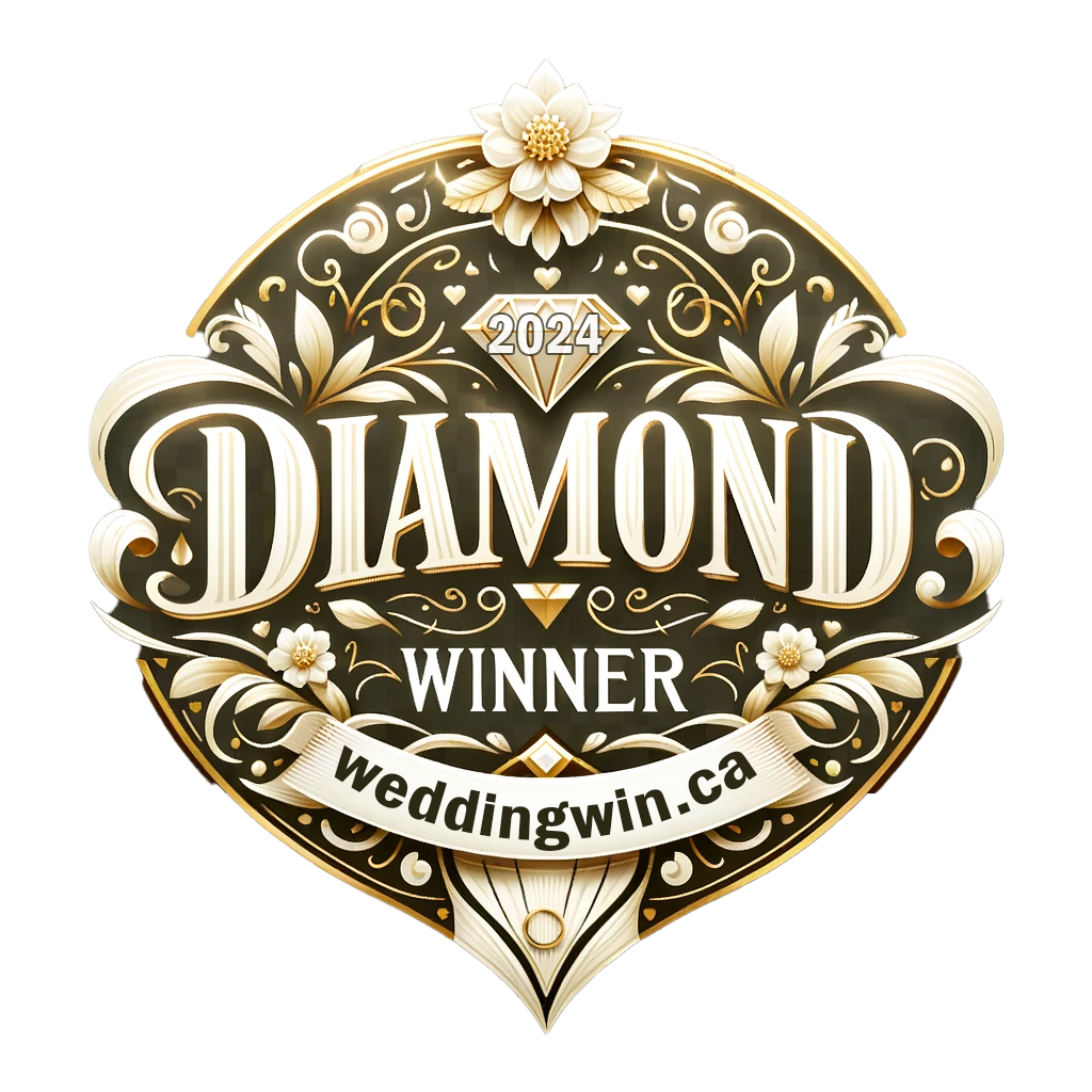 A decorative badge with gold and white floral details, a diamond icon with '2024', the word 'DIAMOND' in large letters, and 'WINNER' below, along with the website 'Weddingwin.ca' at the bottom.