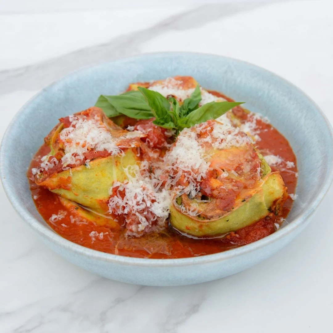 Looking for an easy &amp; delicious dinner? Try our Roasted Vegetable Rotolo! ⁠
⁠
This rotolo is filled with ricotta, spinach &amp; roasted seasonal vegetables. Rolled up in fresh pasta sheets, sliced &amp; topped with tomato sauce &amp;  mozzarella 