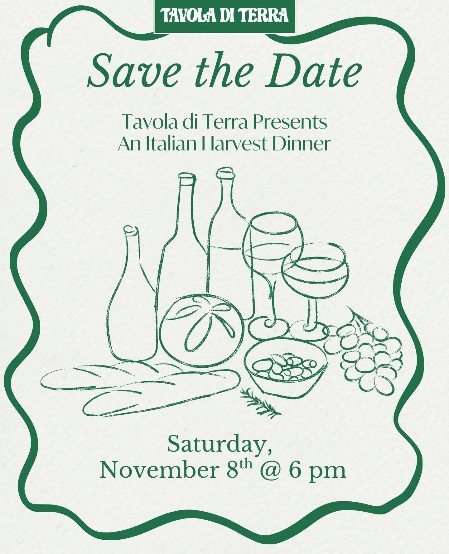 ✨️Mark your Calendars!✨️⁠
⁠
Tavola di Terra is thrilled to announce we will be hosting a unique pop-up dining experience right here in Kitchener. Join us for an Italian Harvest experience on Saturday November 8th located at 100 Fergus Ave. Don't forg