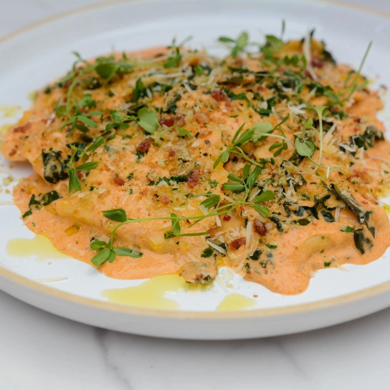 It's officially Friday &amp; that means it's pasta o'clock! 🕰️⁠
⁠
~ Check out our stuffed pasta feature ~⁠
⁠
Three cheese ravioli with sun-dried tomato cream sauce, spinach &amp; parmesan crumble cream sauce⁠
⁠
Stay tuned for our weekly menu drop on