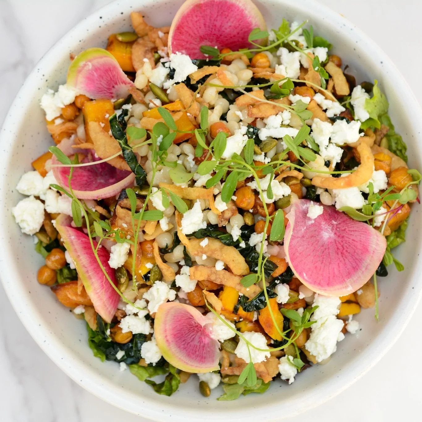 We love to provide fresh &amp; easy meals you can enjoy, like our feature salad!⁠
⁠
Butternut squash &amp; pearl cous cous salad⁠
⁠
A fresh farro salad packed with roasted squash, crispy chickpeas, kale, shaved vegetables, pumpkin seeds, crispy shall