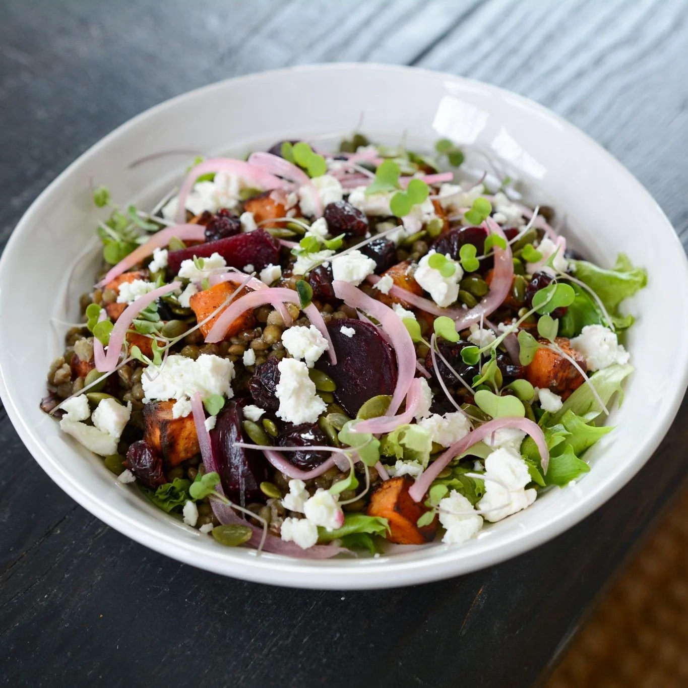 We've got a veggie filled, protein packed salad that is perfect for a quick lunch. This feature salad is available this week only!⁠
⁠
Lentil salad with roasted sweet potato, roasted beets, dried Cranberries, candied pumpkin seeds, goat cheese &amp; l