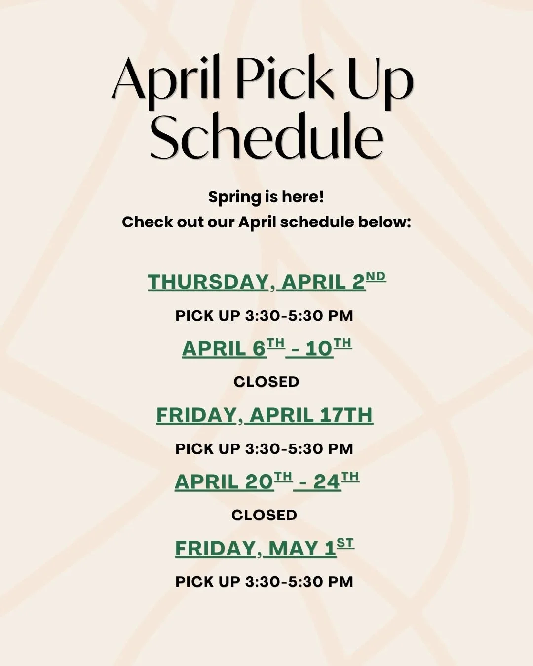 Spring is finally here and we are excited for a fresh new month ahead at Tavola di Terra 🌿⁠
⁠
Here is our April pickup schedule so you can plan your orders accordingly. Be sure to mark your calendars and place your orders early, as quantities are li