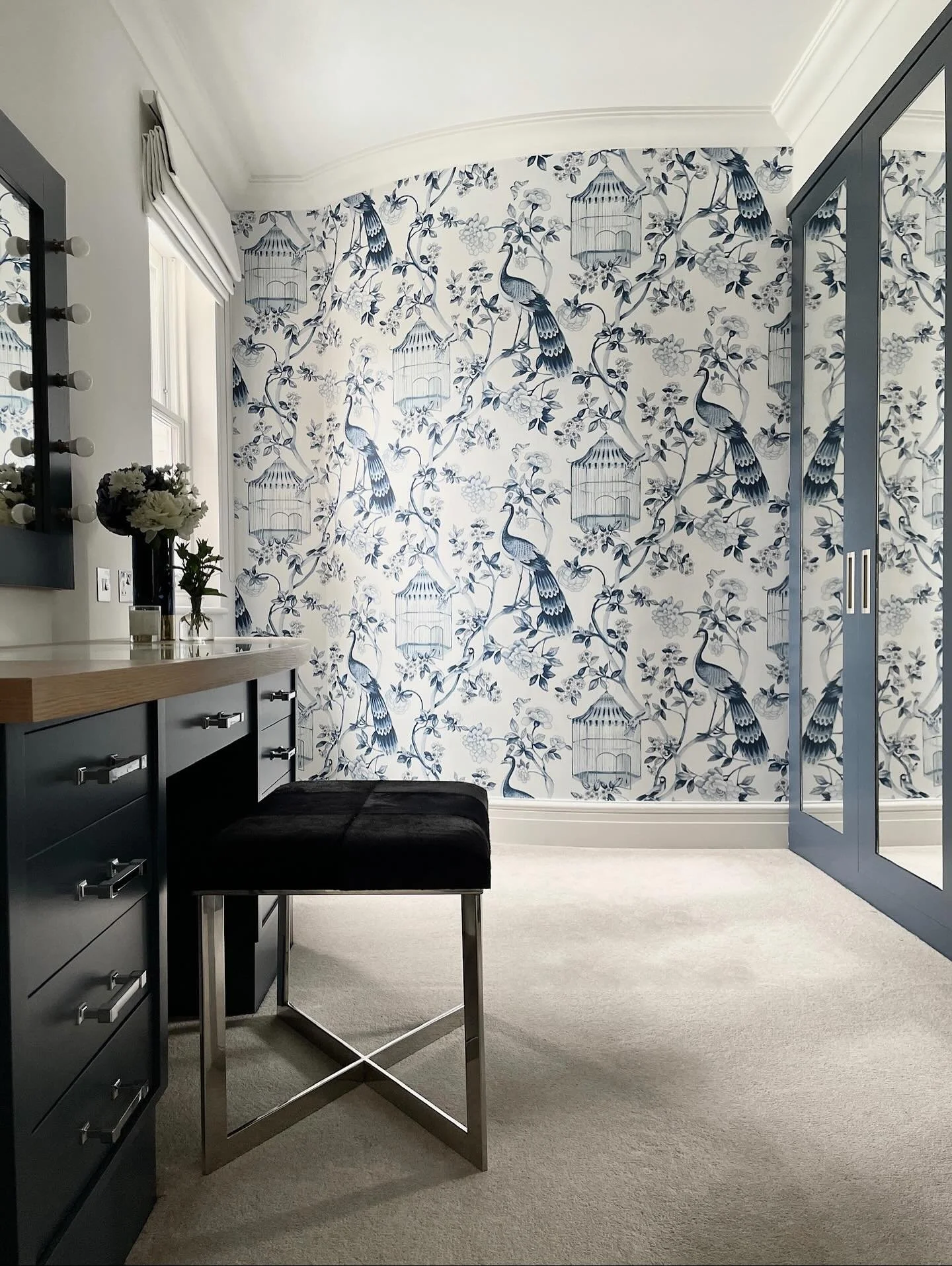 Whilst we&rsquo;re in navy spaces, I couldn&rsquo;t not include this client dressing room glow up! The vanity was lilac, the walls were grey. It wasn&rsquo;t beautiful, but we worked our magic and this blue butterfly emerged 🦋.

This whole house was
