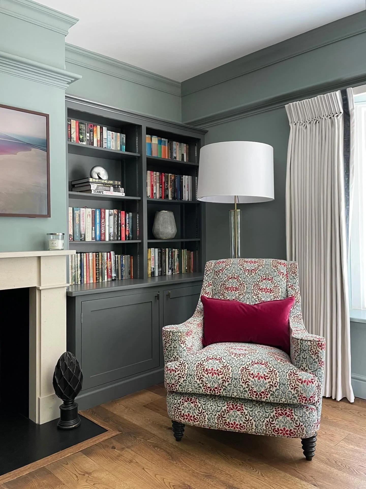 Swipe to see this Before. 

We took the paint all the way from the floor to the ceiling to visually improve the ceiling height and added this lovely @ninacampbellltd fabric to this chair for pattern, colour and interest. 

The mantel didn&rsquo;t nee