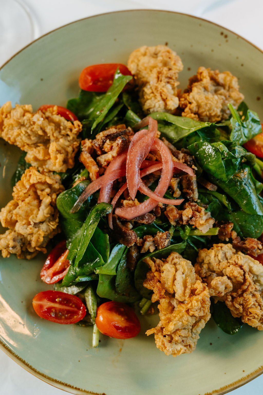 Fried Oyster Spinach Salad