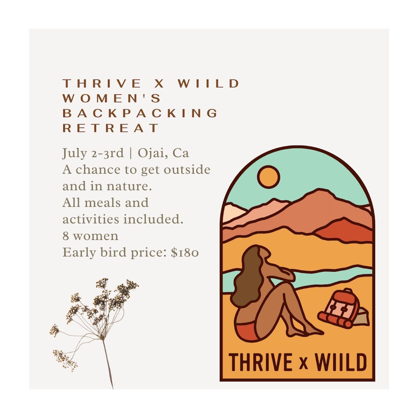 SO EXCITED TO ANNOUCE our next BACKPACKING RETREAT! 

In partnership with @thrive_wellness_workshop this retreat will be full of unwinding, relaxing and dropping in. 

Very limited spots. Email us to reserve yours: thrivexwiild@gmail.com