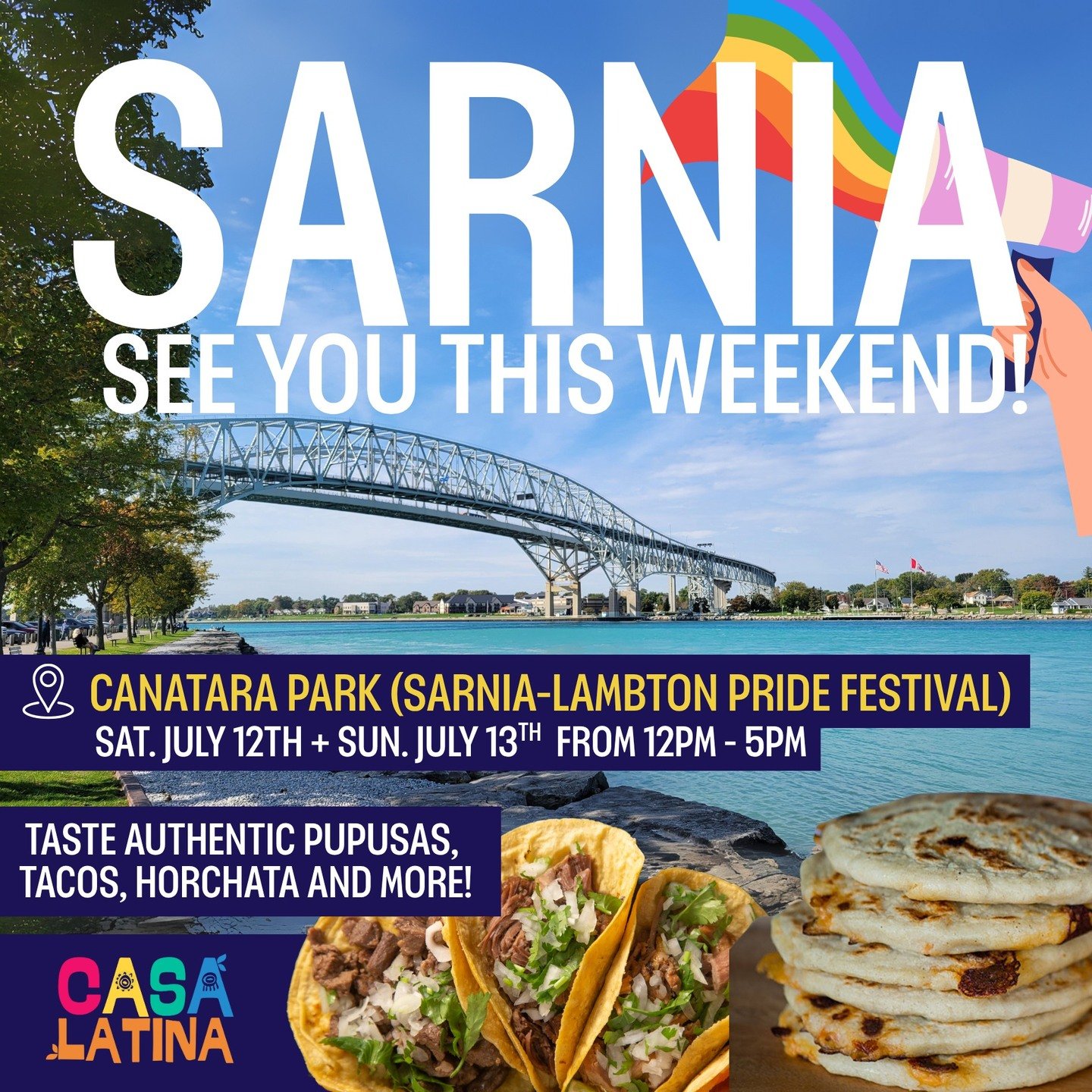 Sarnia! Get ready to taste authentic Latin American cuisine! We are bringing our Famous pupusas, tacos , horchata amongst other things to the Sarnia-Lambton pride festival at Canatara Park!
Find us there from 12 pm to 5 pm saturday and sunday!
Sar