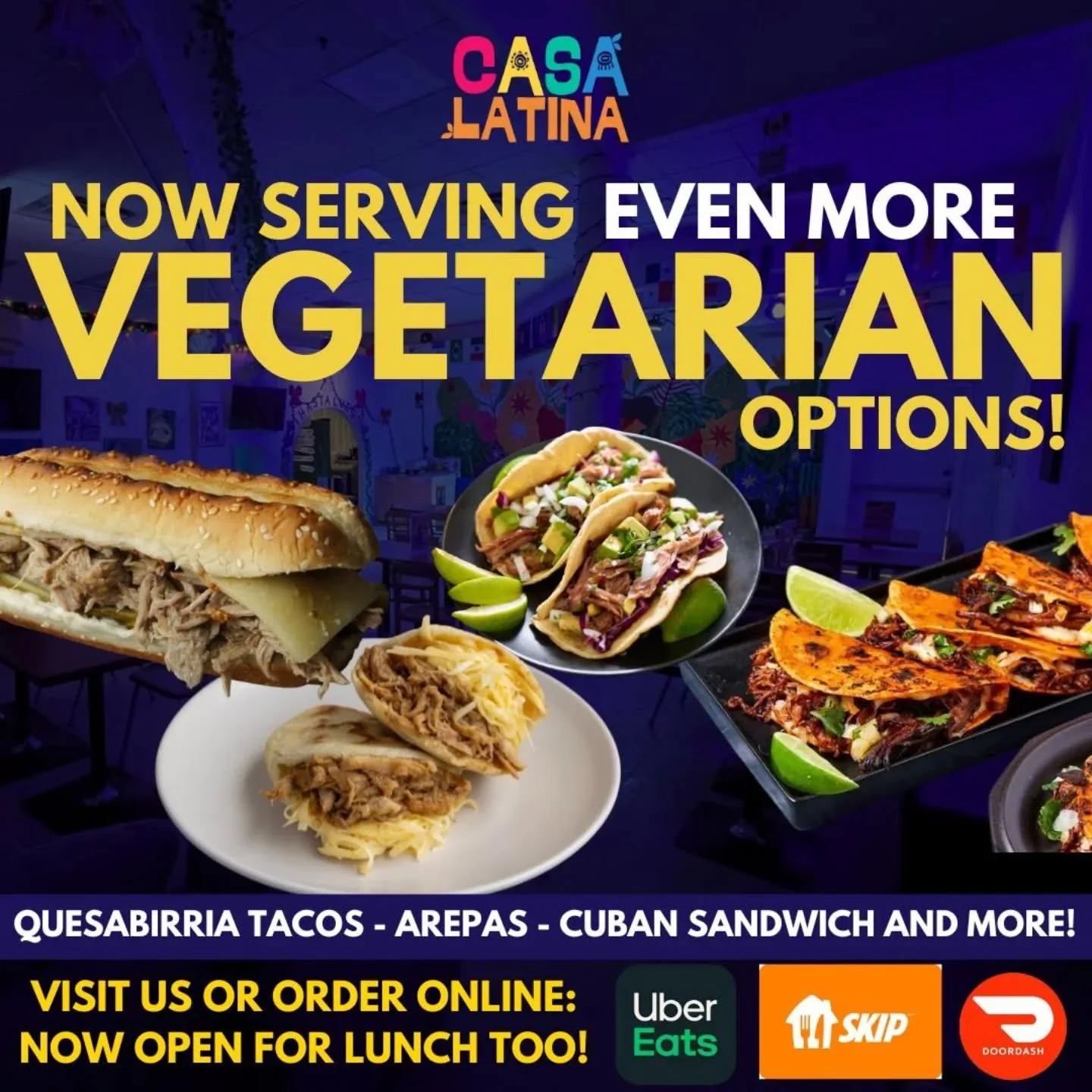 To all our Vegetarian Amigos out there !Casa Latina just got friendlier than ever! Try our new vegetarian options made with pulled jackfruit, seasoned with birria-style adobo !! Available to order online or dine in!

 A todos nuestrxs amigxs vegetari