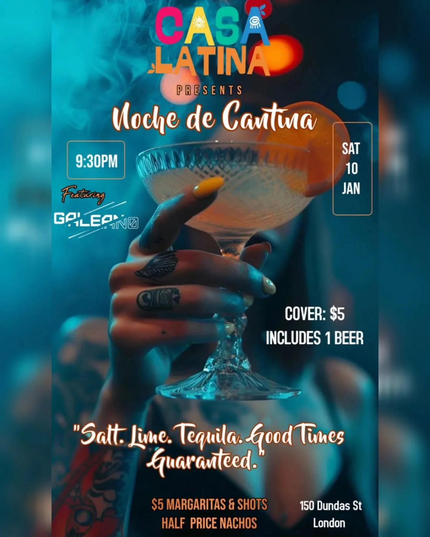 Este s&aacute;bado prep&aacute;rate para una noche de cantina en Casa Latina, rancheras, vallenato, m&uacute;sica popular y dem&aacute;s !

Descuento en margaritas, shots de tequila, aguardiente y nachos!  A partir de las 9:30 PM . Con @djgaleanomusi