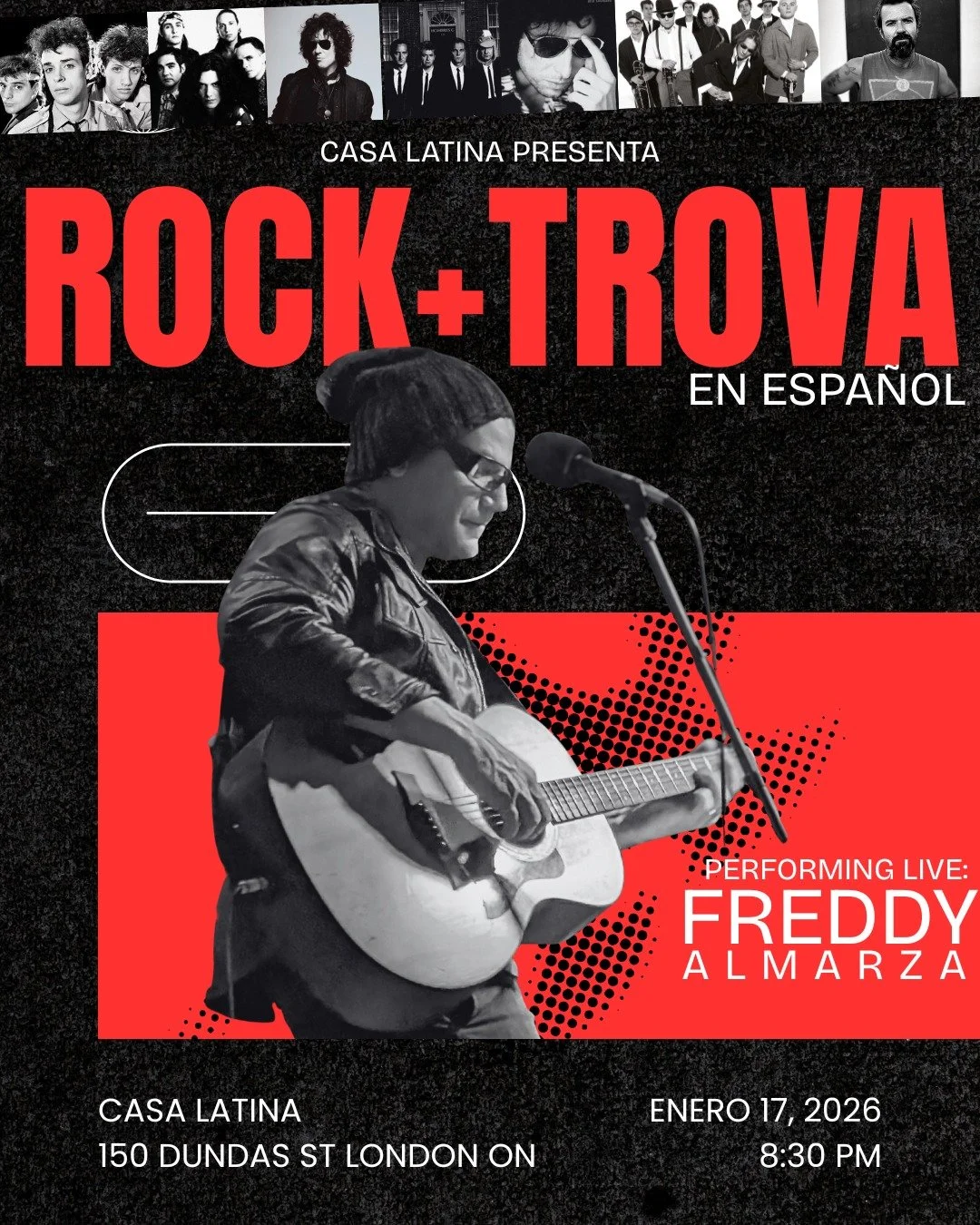 Acompa&ntilde;anos este Sabado 17 de Enero en una noche llena de Trova, rock y exitos en espa&ntilde;ol! @freddyalmarza / Freddy Almarza estara con nosotros a partir de las 8:30pm con musica musica! 

Casa Latina 150 Dundas st London ON