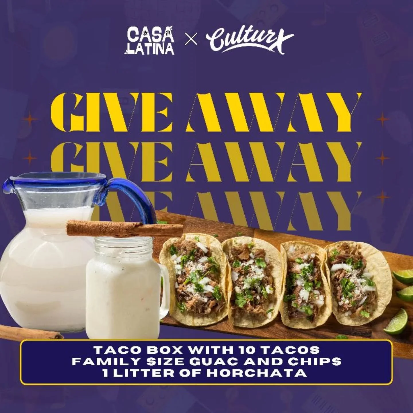 English below :
Para celebrar nuestro 2do aniversario te traemos este Sorteo! 

G&aacute;nate una taco box de 10 tacos, un guacamole y chips de tama&ntilde;o familiar y un litro de Horchata para que disfrutes con tu familia o amigos !

Para participa