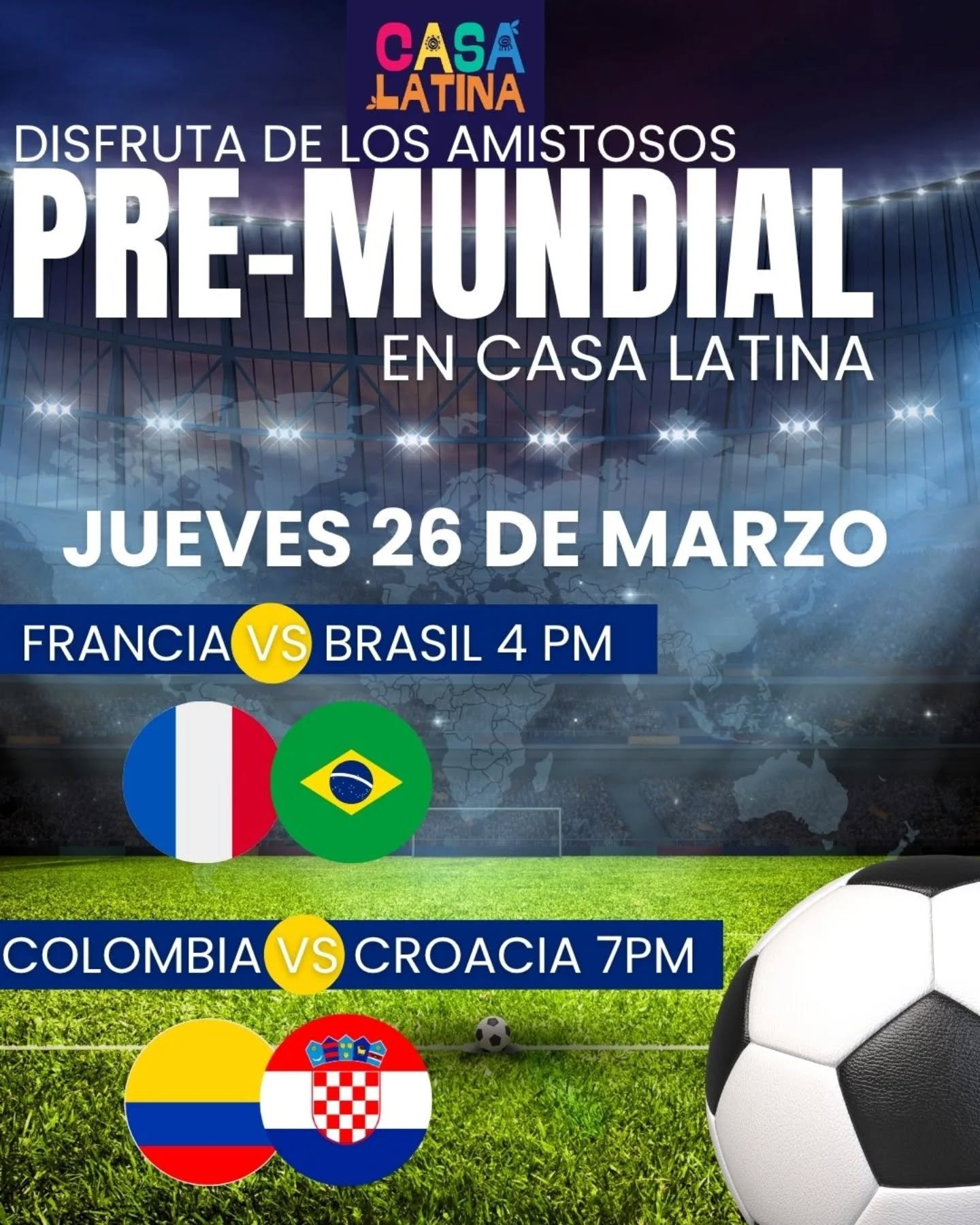 Nos vemos este jueves con buen f&uacute;tbol, buena comida y ambiente en Casa Latina! Los amistosos de FIFa estar&aacute;n en vivo. 

Casa Latina 150 Dundas st London on